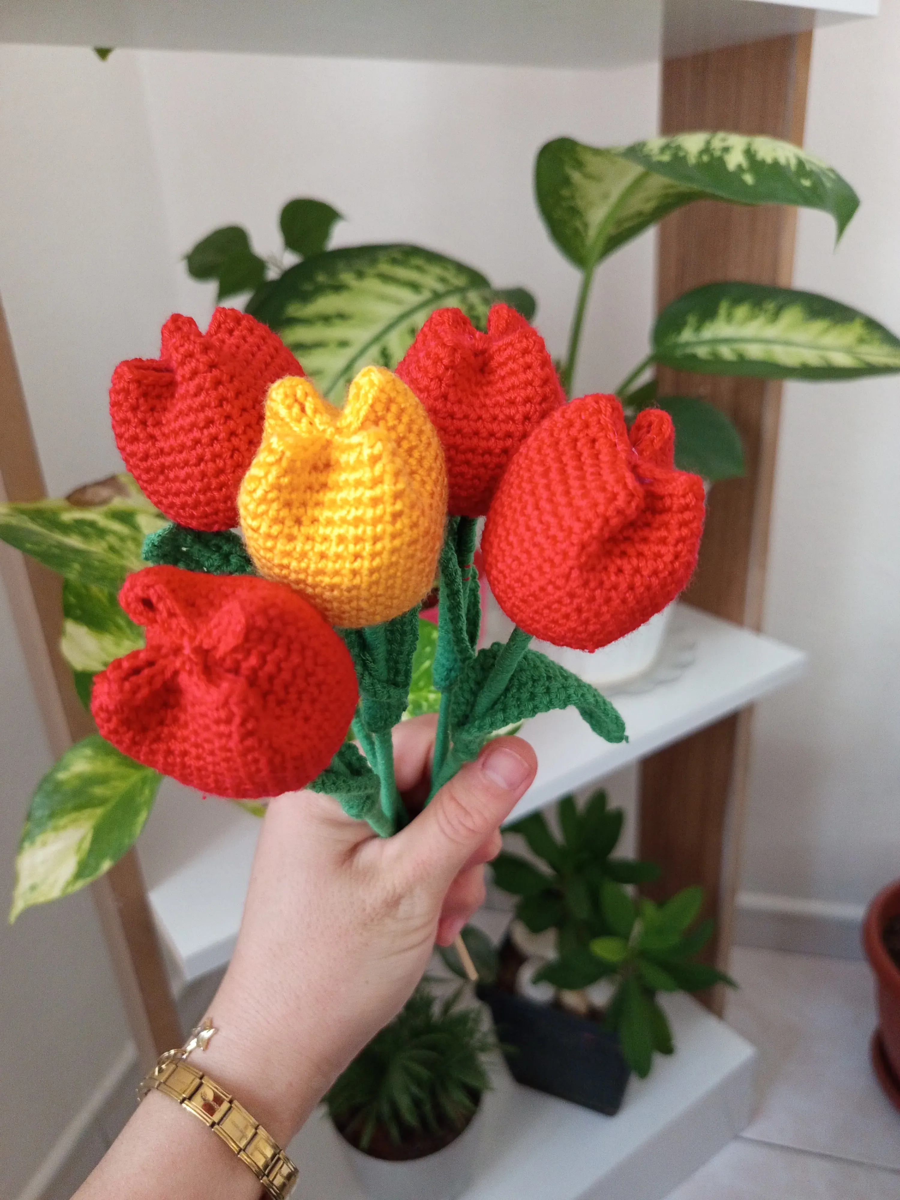 Hand Knitted Yellow and Red Tulips