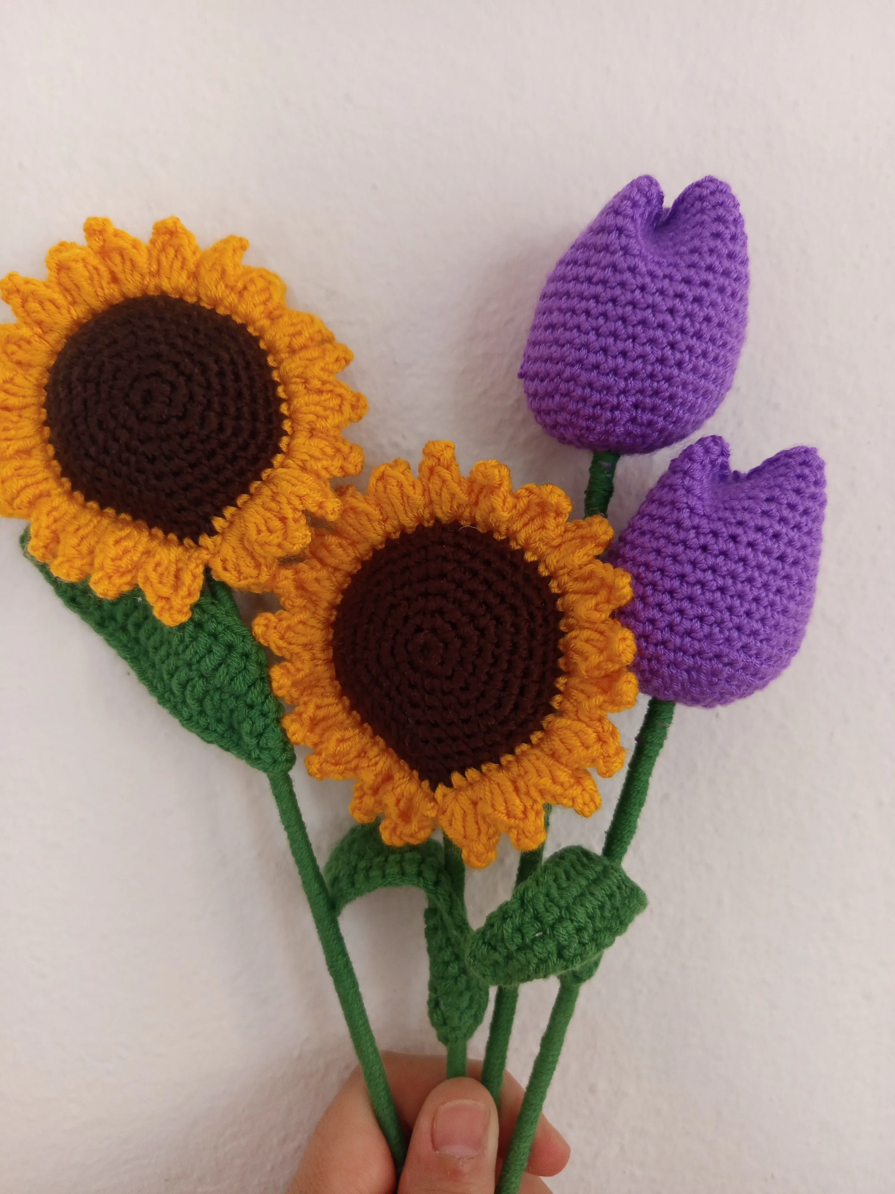 Hand Knit Sunflower and Purple Tulip Bouquet - Amigurumi Flower Bouquet Gift
