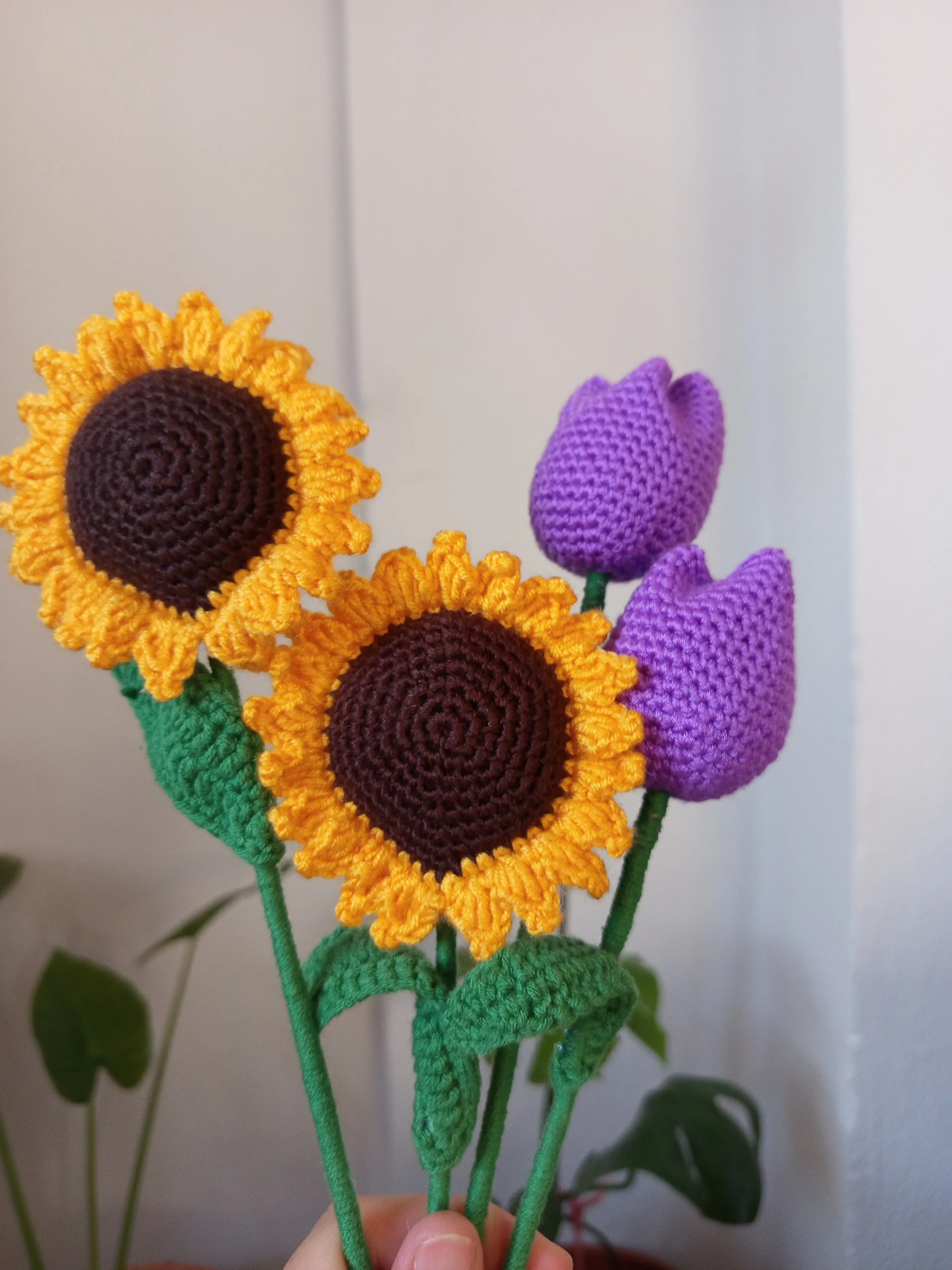 Hand Knit Sunflower and Purple Tulip Bouquet - Amigurumi Flower Bouquet Gift