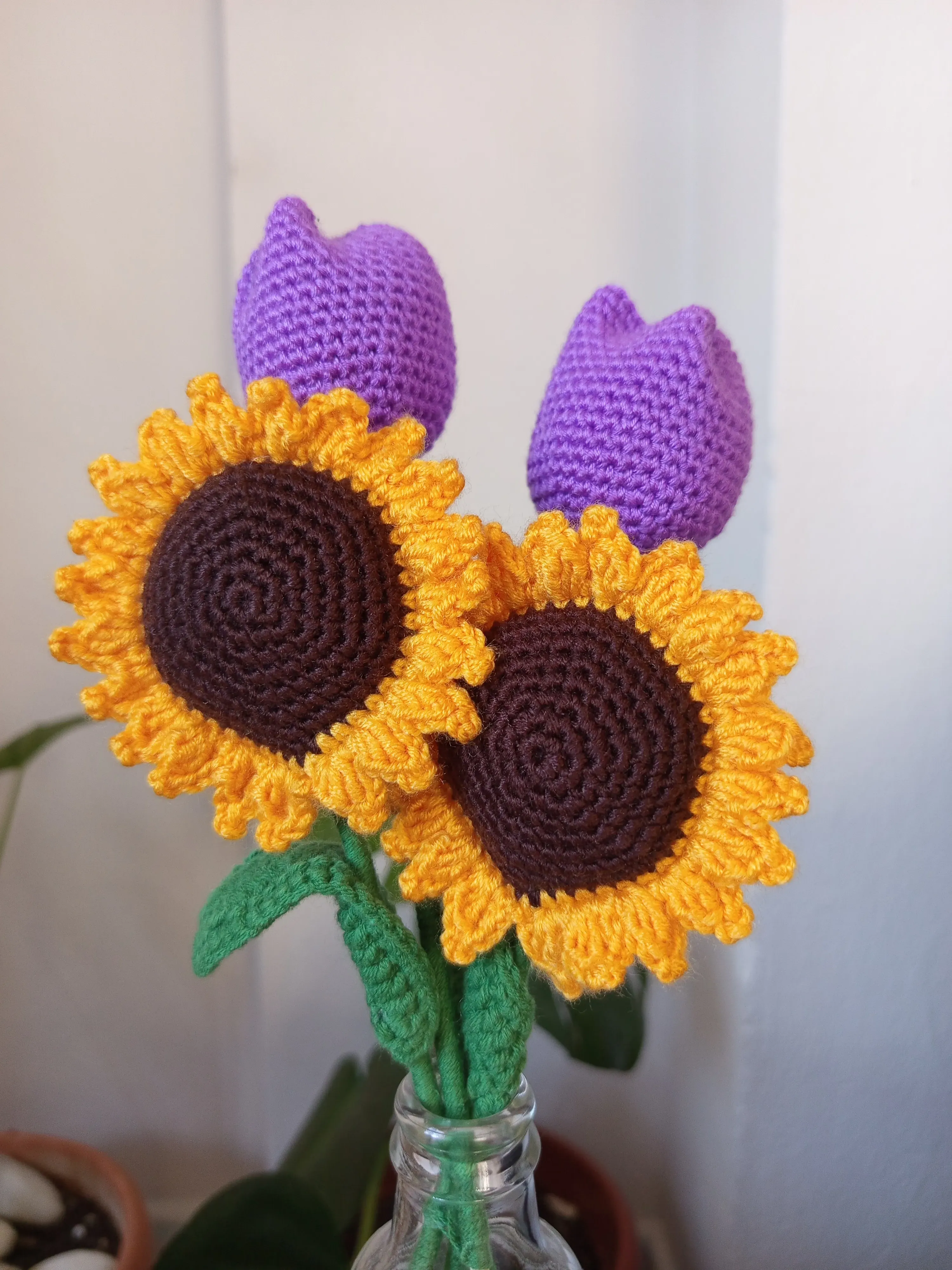 Hand Knit Sunflower and Purple Tulip Bouquet - Amigurumi Flower Bouquet Gift