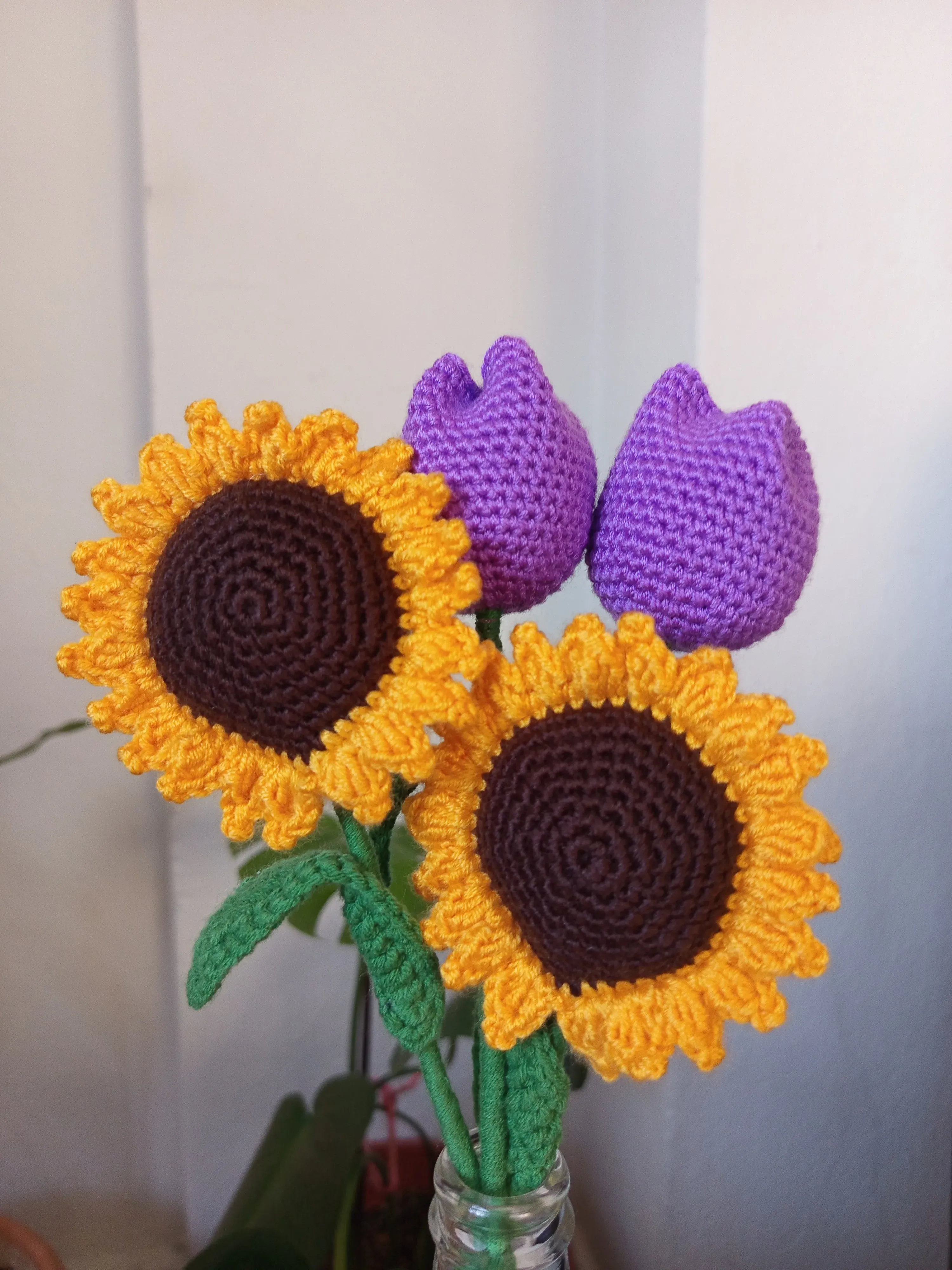 Hand Knit Sunflower and Purple Tulip Bouquet - Amigurumi Flower Bouquet Gift