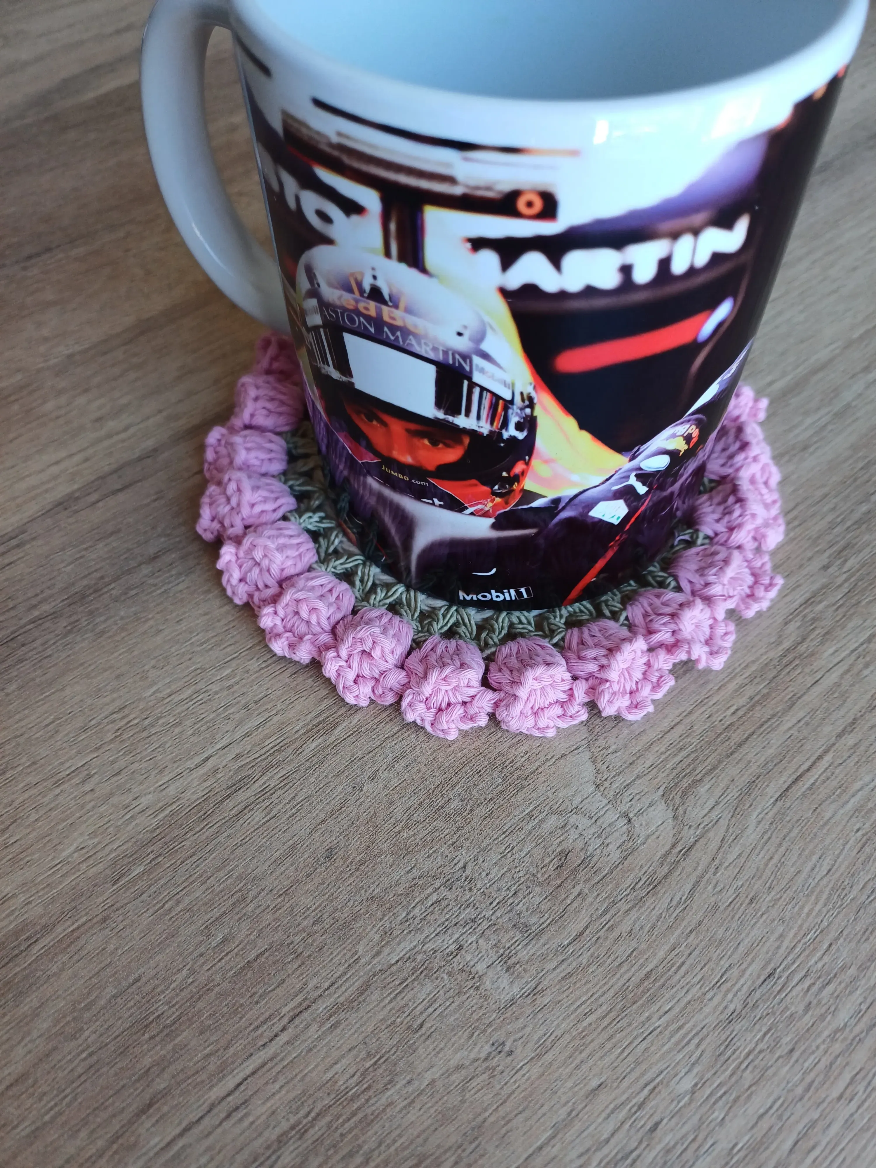 Hand Knitted Pink Flower Patterned Coaster - Carefully Made from Cotton Yarn