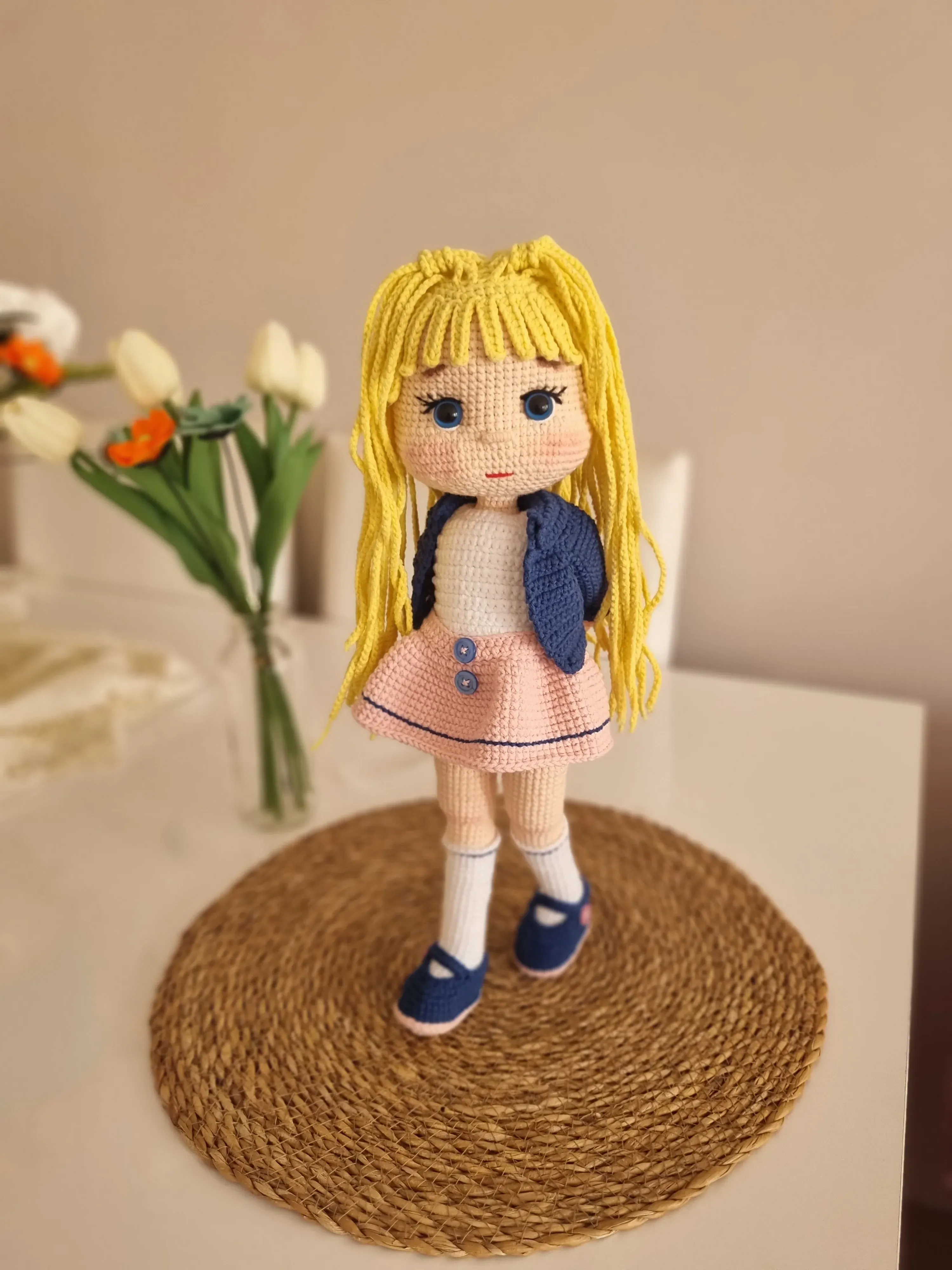 Knitted Eftelya Doll - 38 cm Tall, Blonde Hair, Blue-Eyed Toy Doll