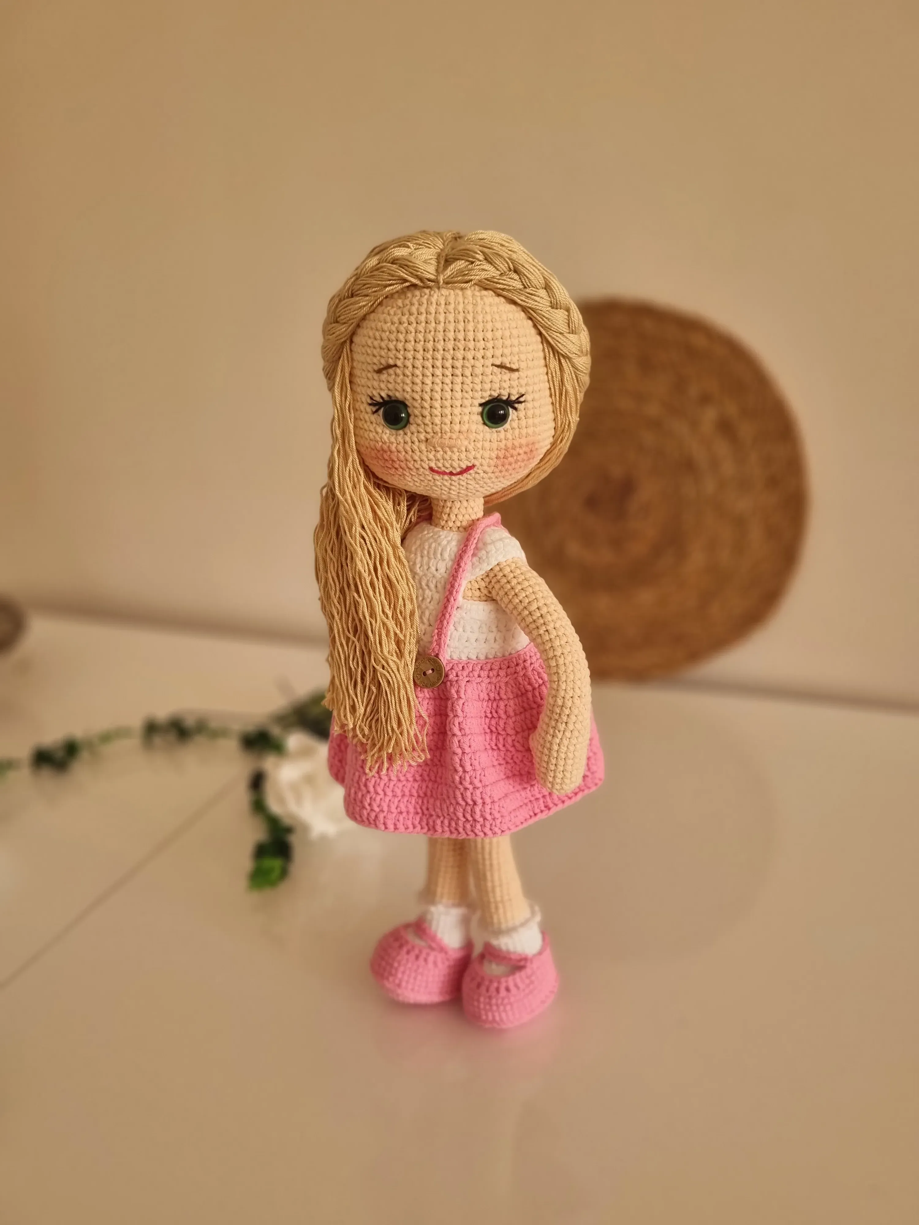 Knitted Baby Toy - Cute Girl Doll with Pink Dress and Yellow Hair