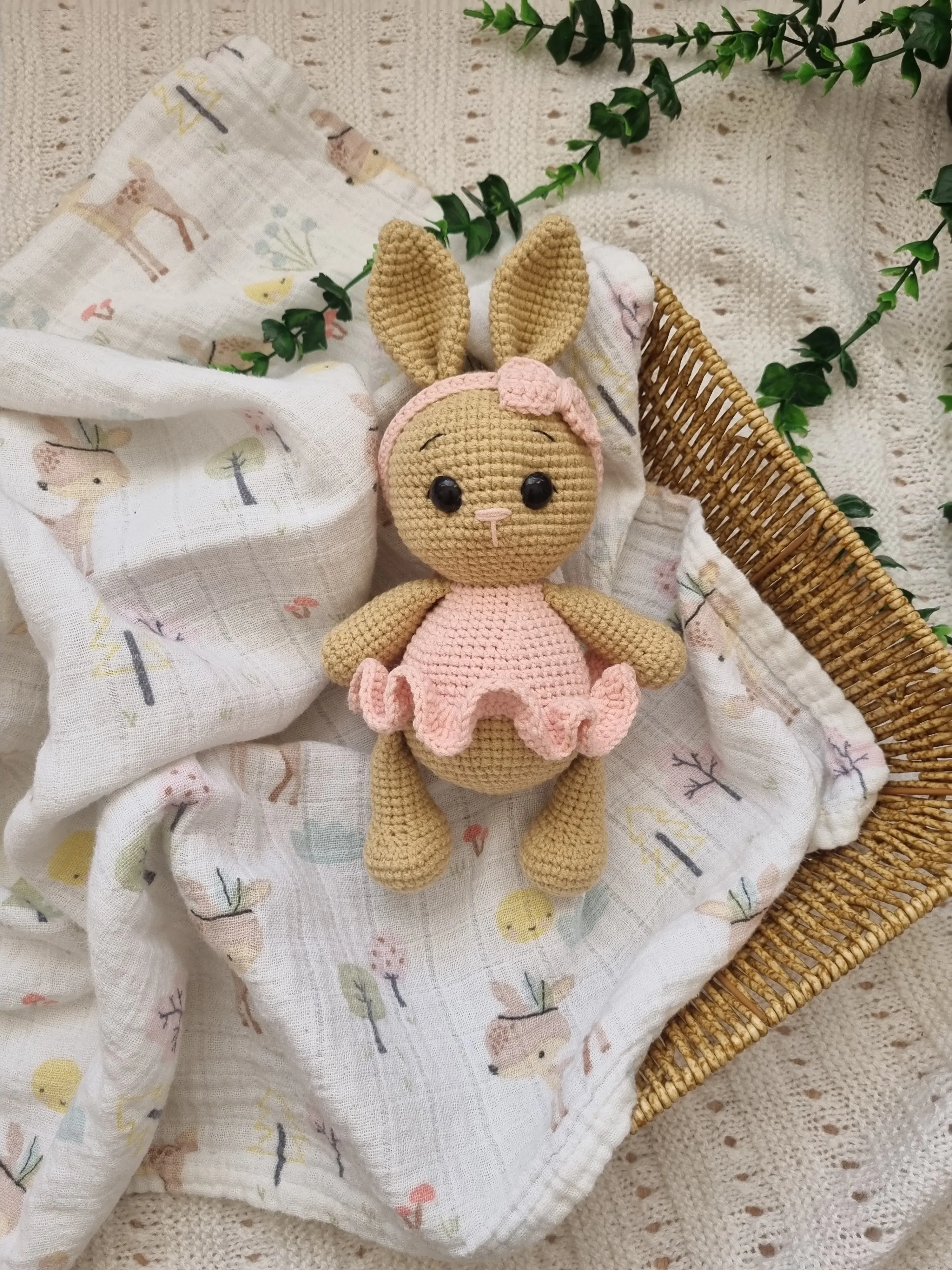 Knitted Rabbit Toy - Pink Dress Amigurumi Baby Rabbit