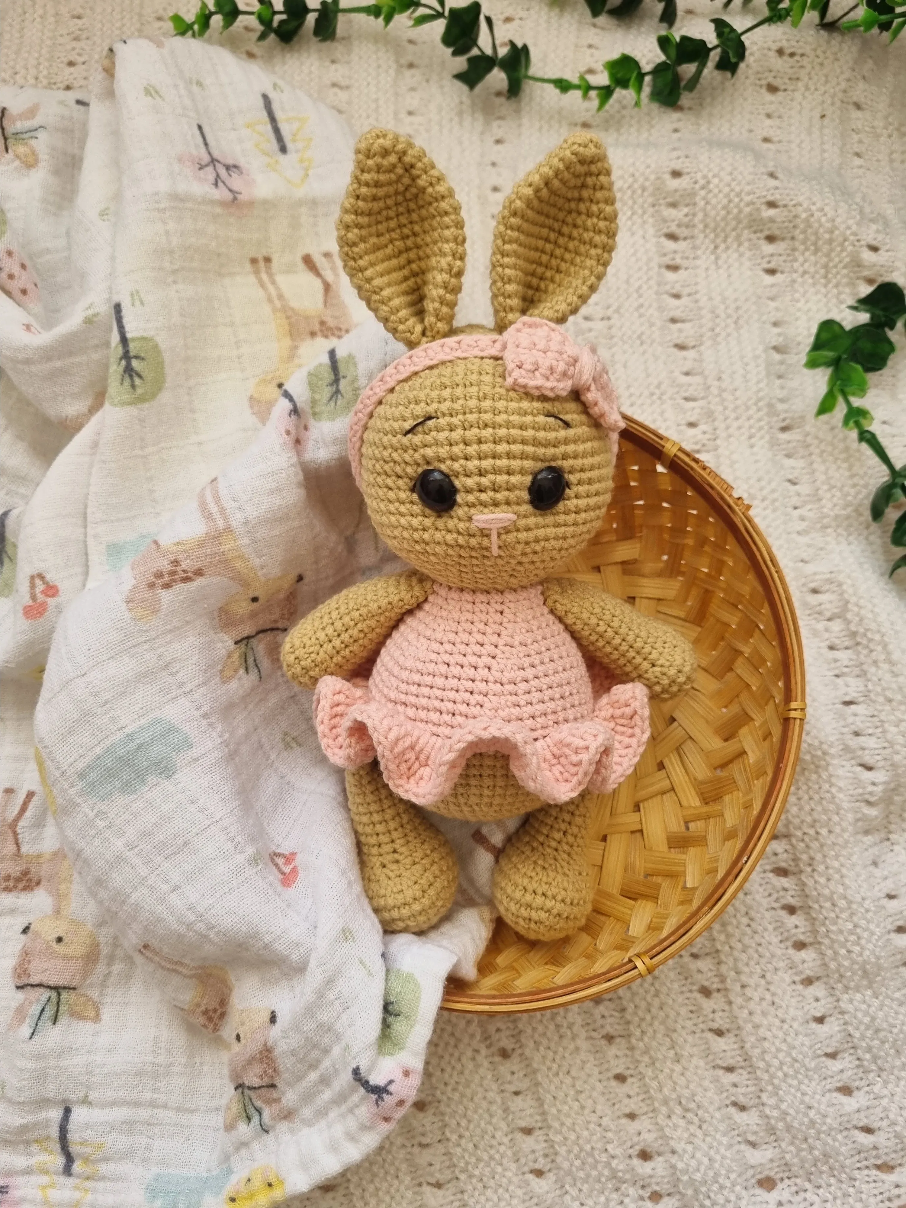 Knitted Rabbit Toy - Pink Dress Amigurumi Baby Rabbit