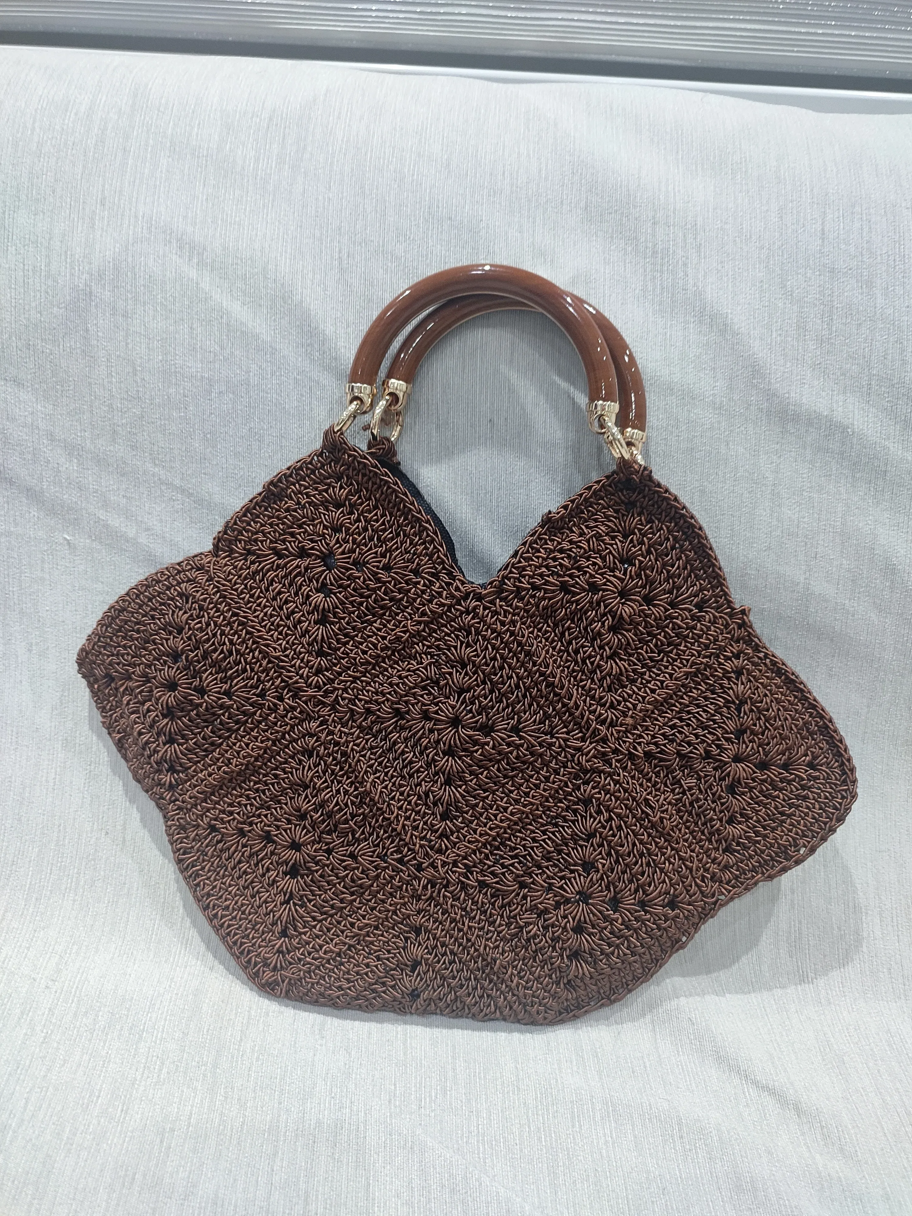 Brown Knitted Handbag - Wooden Handle and Special Design