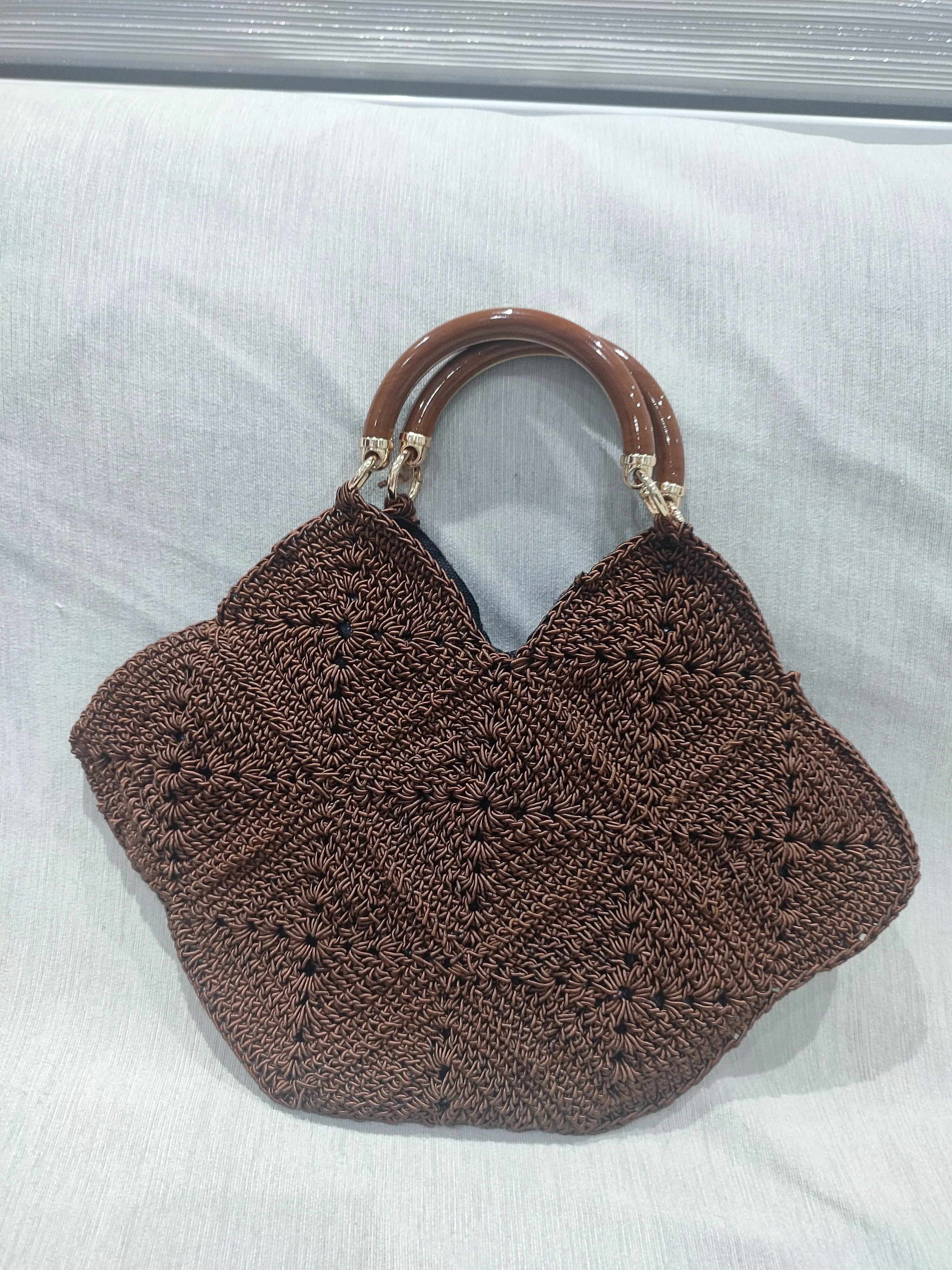 Brown Knitted Handbag - Wooden Handle and Special Design