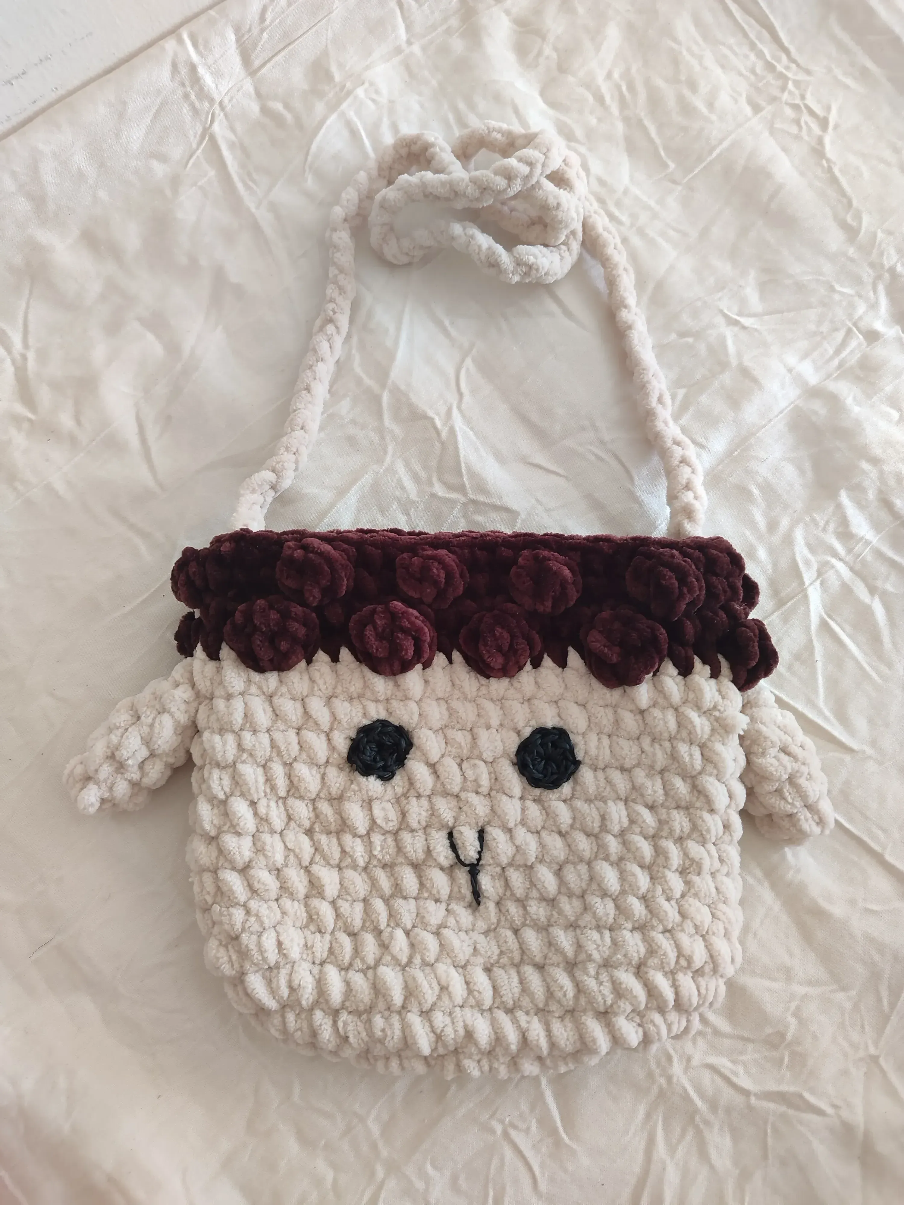 Sevimli Koyun Tasarımlı Çocuk Çantası - Kadife İp Örgü - El Emeği