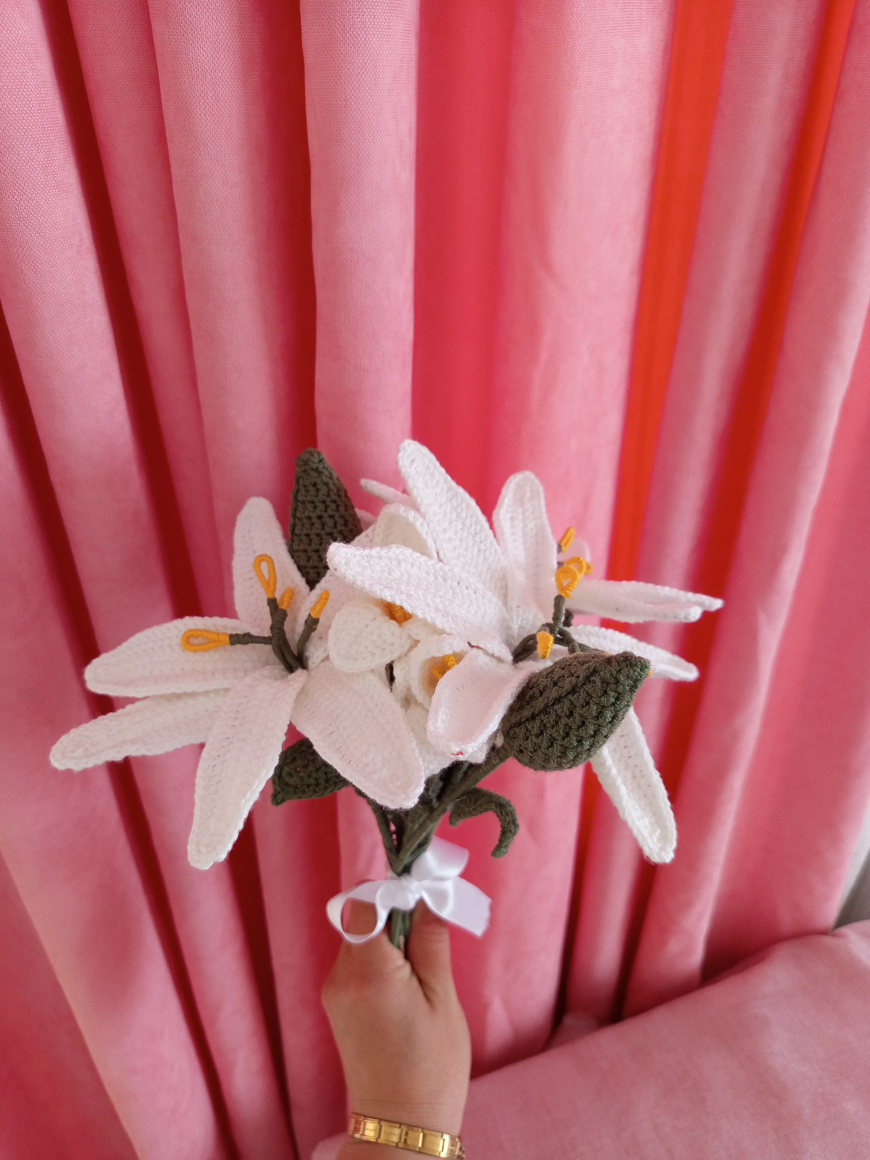 Beyaz Zambak Buketi - 40 cm - Amigurumi El Yapımı Çiçek