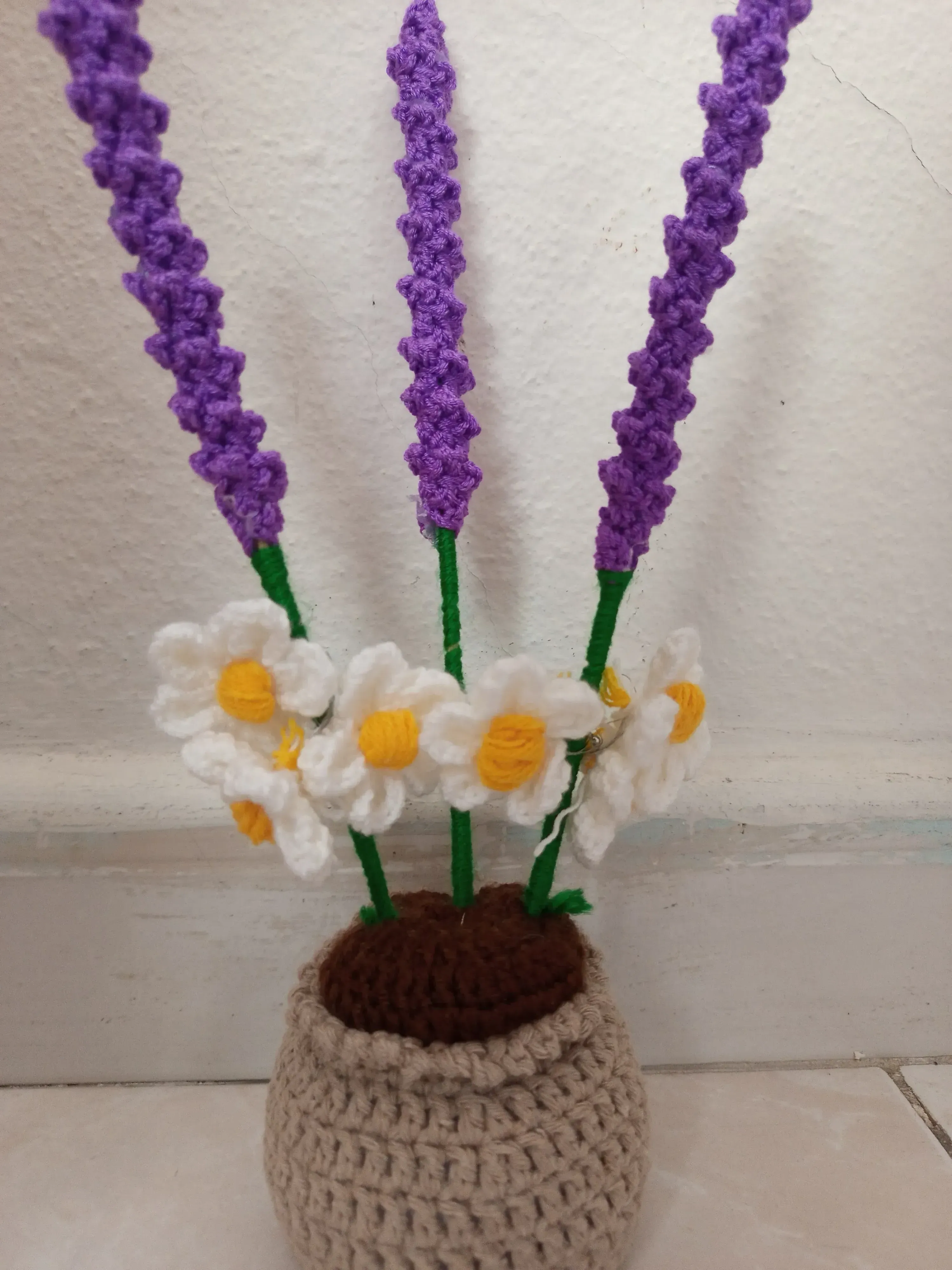 Örgü Lavanta ve Papatya Buketi Saksıda - El Emeği Dekoratif Çiçek