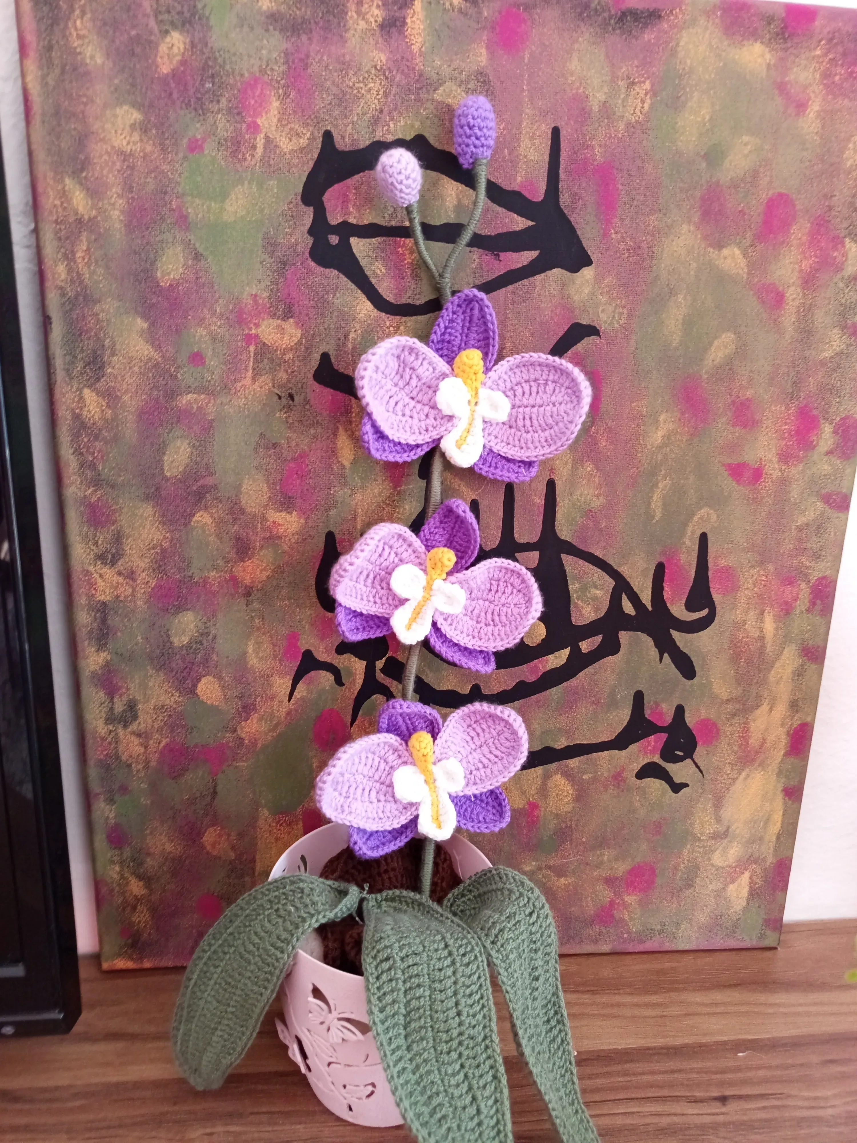 Crochet Orchid Flower Decorative Pot in Lilac and Purple Tones