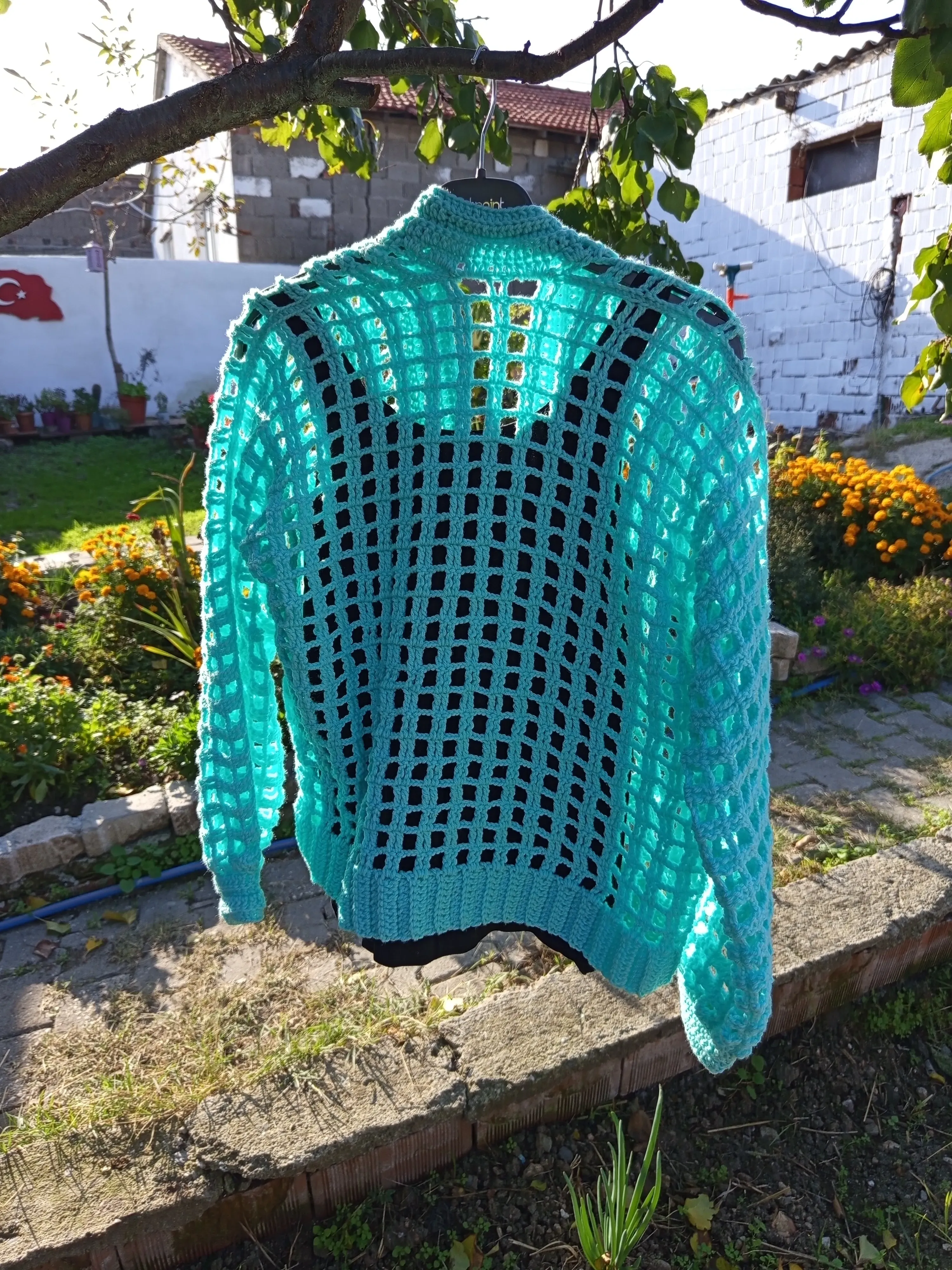 Turkuaz File Örgü Hırka - M Beden, El Örgüsü Yazlık Stil