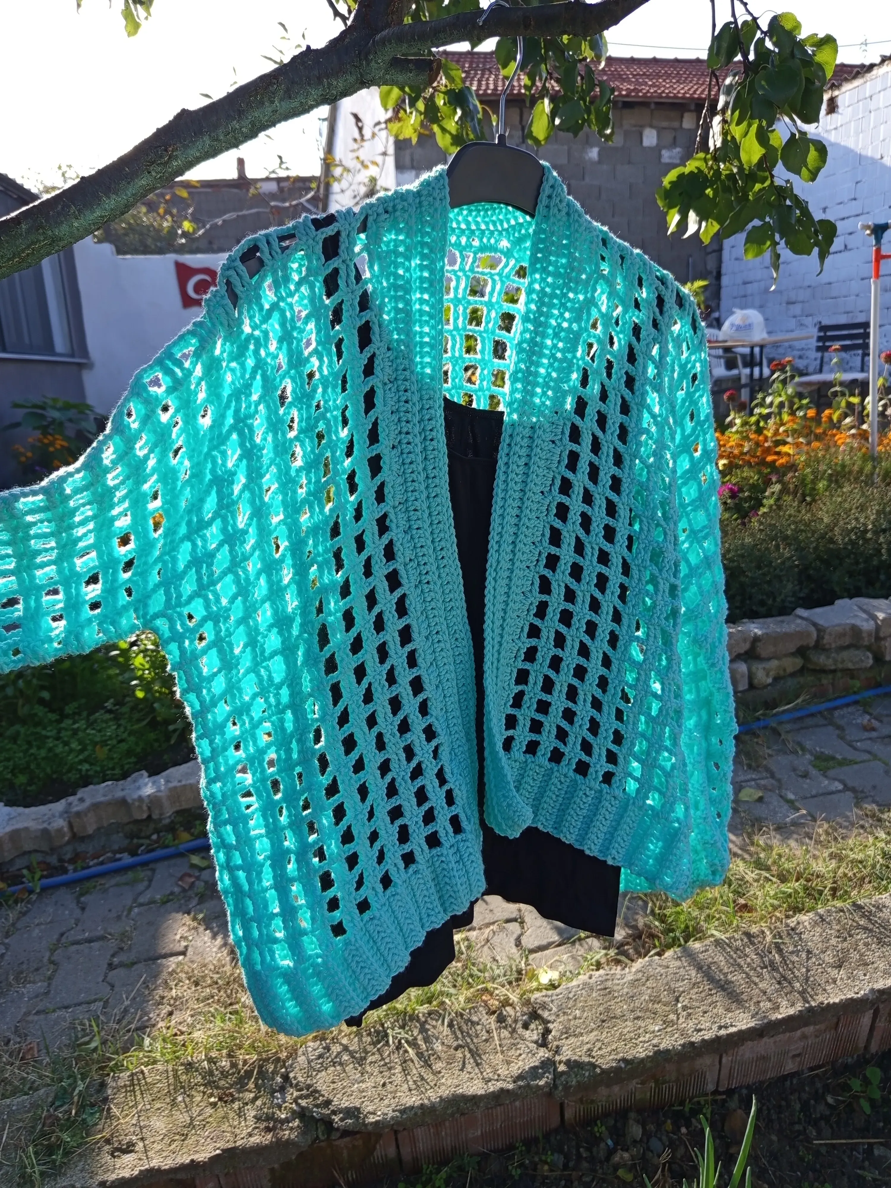 Turkuaz File Örgü Hırka - M Beden, El Örgüsü Yazlık Stil