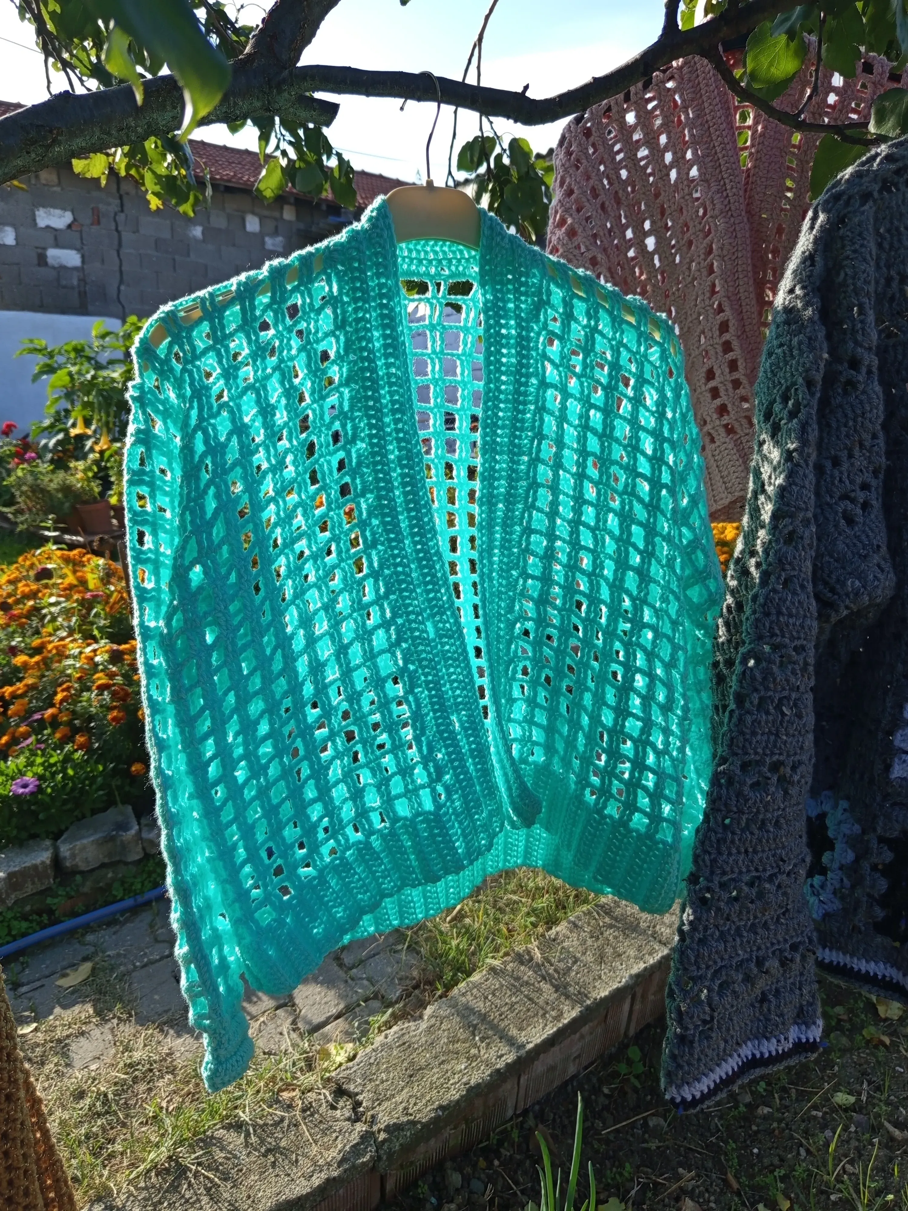 Turkuaz File Örgü Hırka - M Beden, El Örgüsü Yazlık Stil