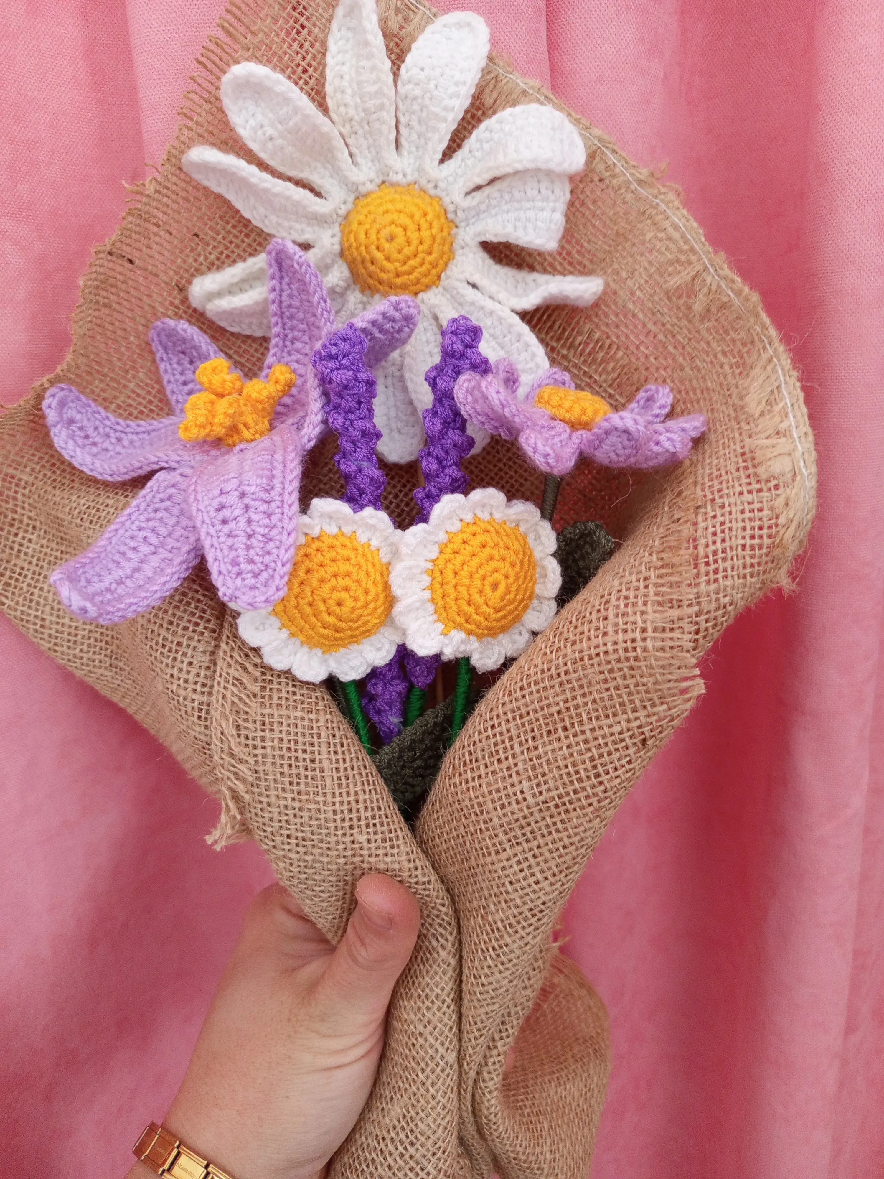 Örgü Lila Papatya ve Lavanta Buketi - El Yapımı Dekoratif Çiçek