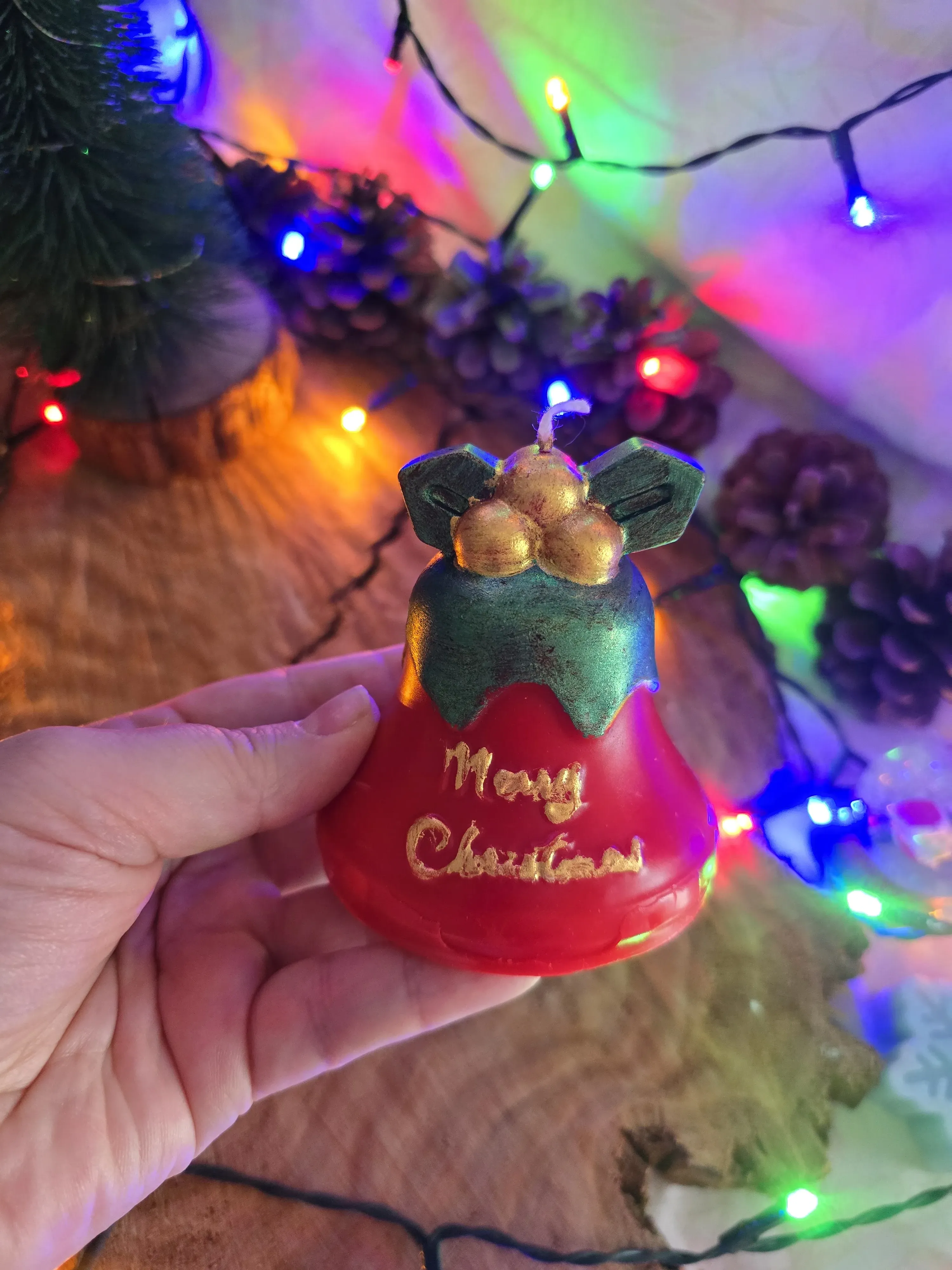 Merry Christmas Yazılı Kırmızı Yılbaşı Çanı Şeklinde Dekoratif Mum