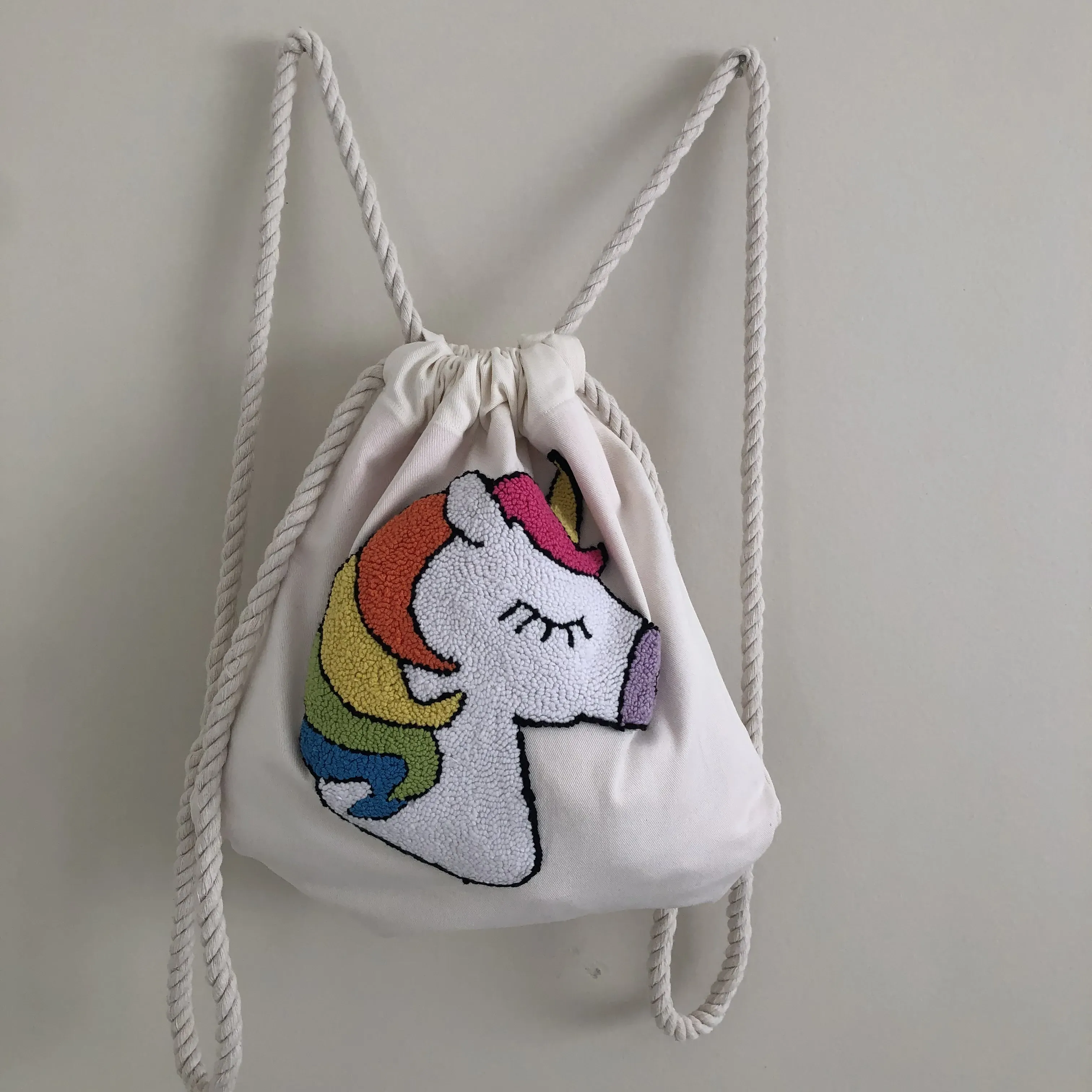 Unicorn Desenli Çocuk Sırt Çantası - Pamuklu Kumaş, İpli Model