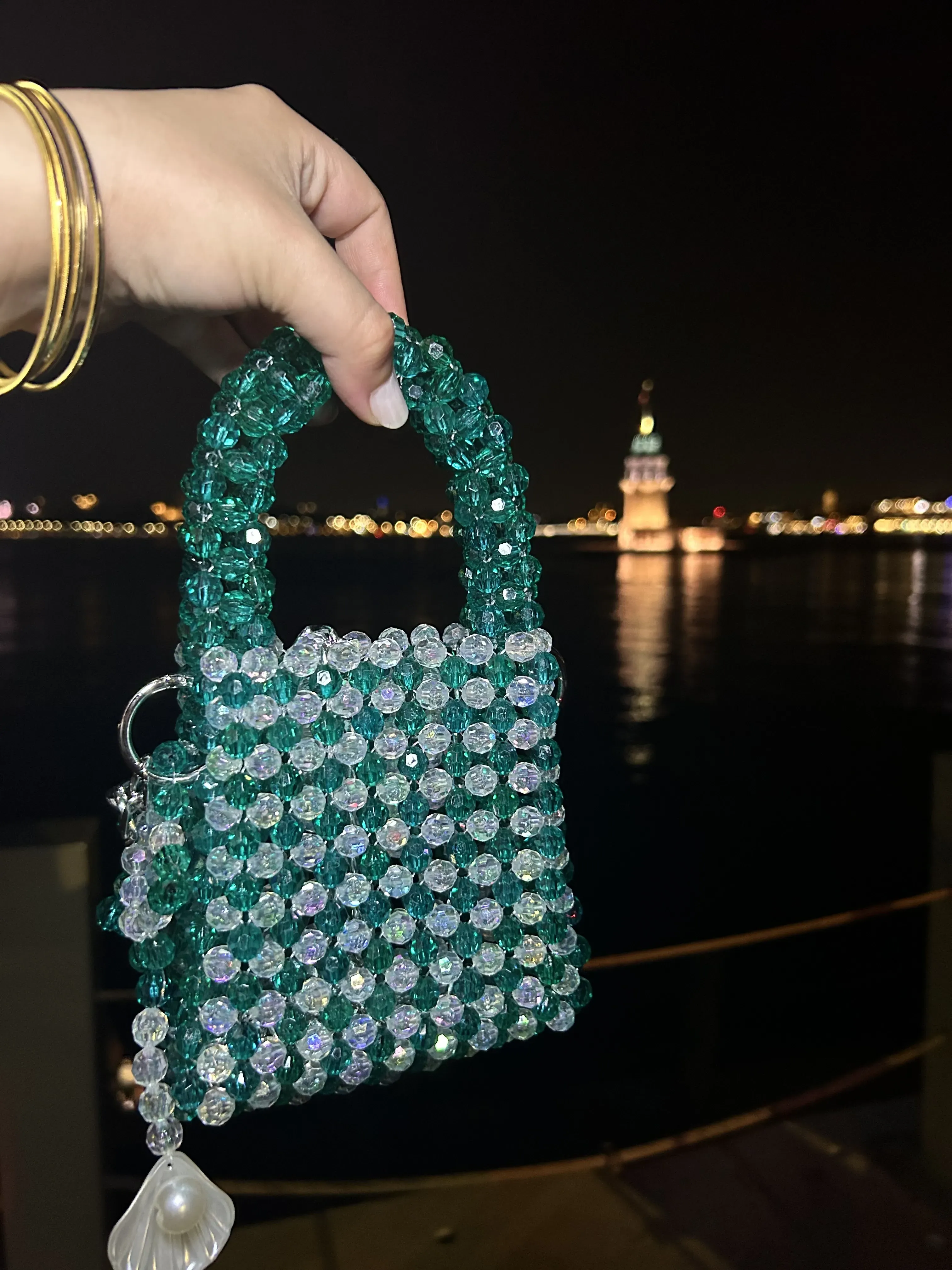 Yeşil Kristal Boncuk El Yapımı Çanta