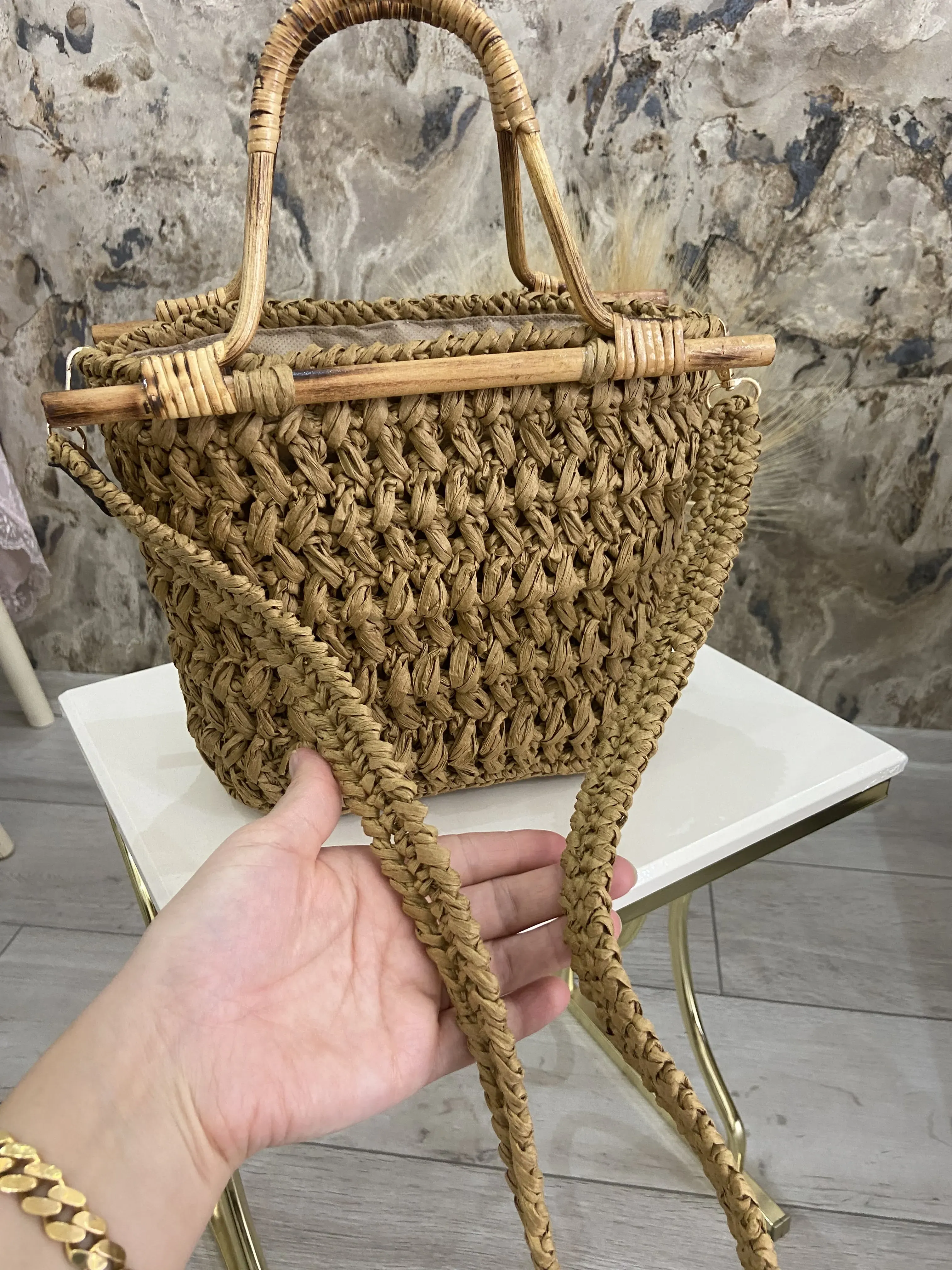 Madeora Hasır Bambu Saplı Örme Çanta