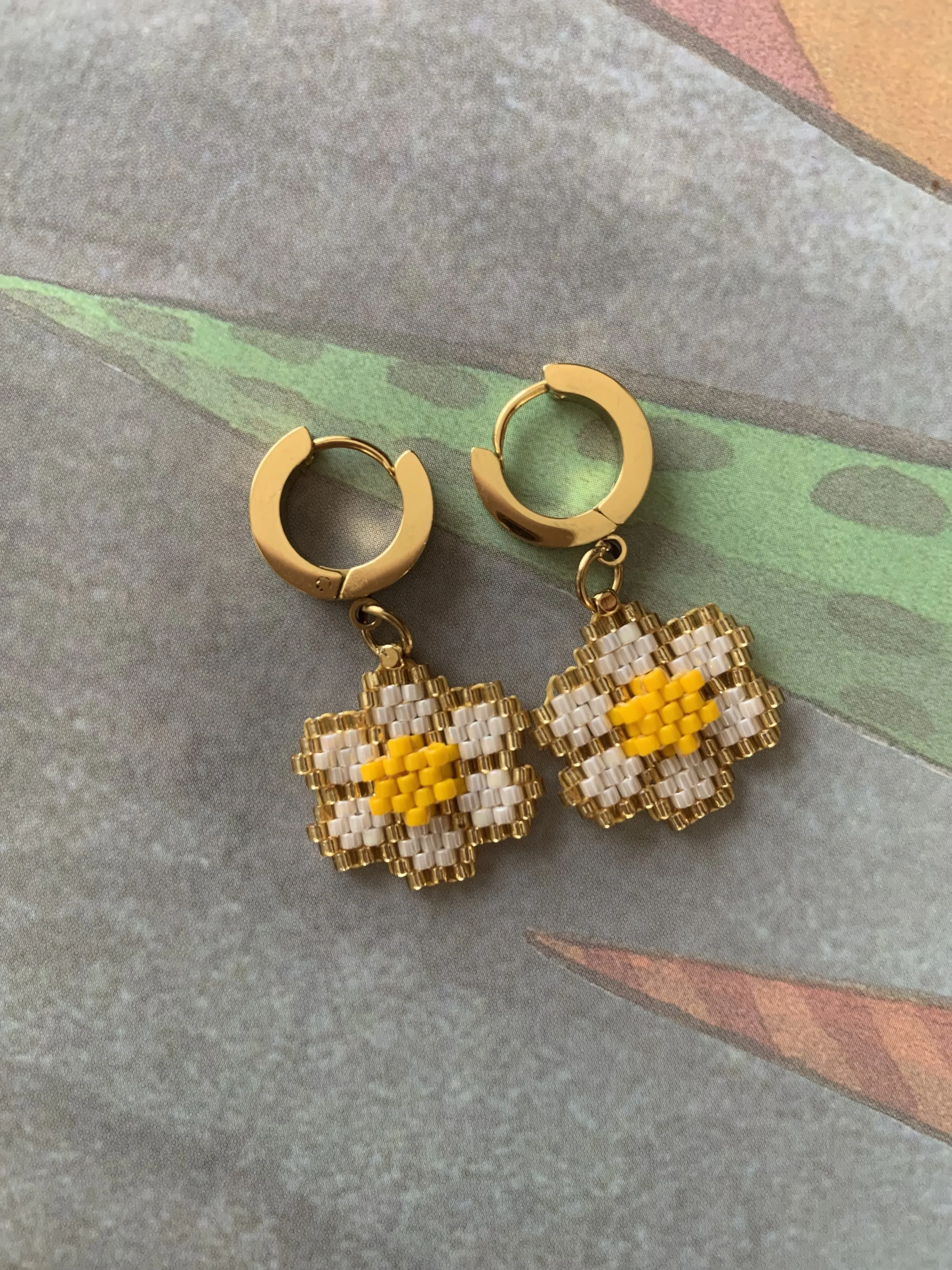 Miyuki Beaded Flower Motif Hoop Earrings - Handmade Design