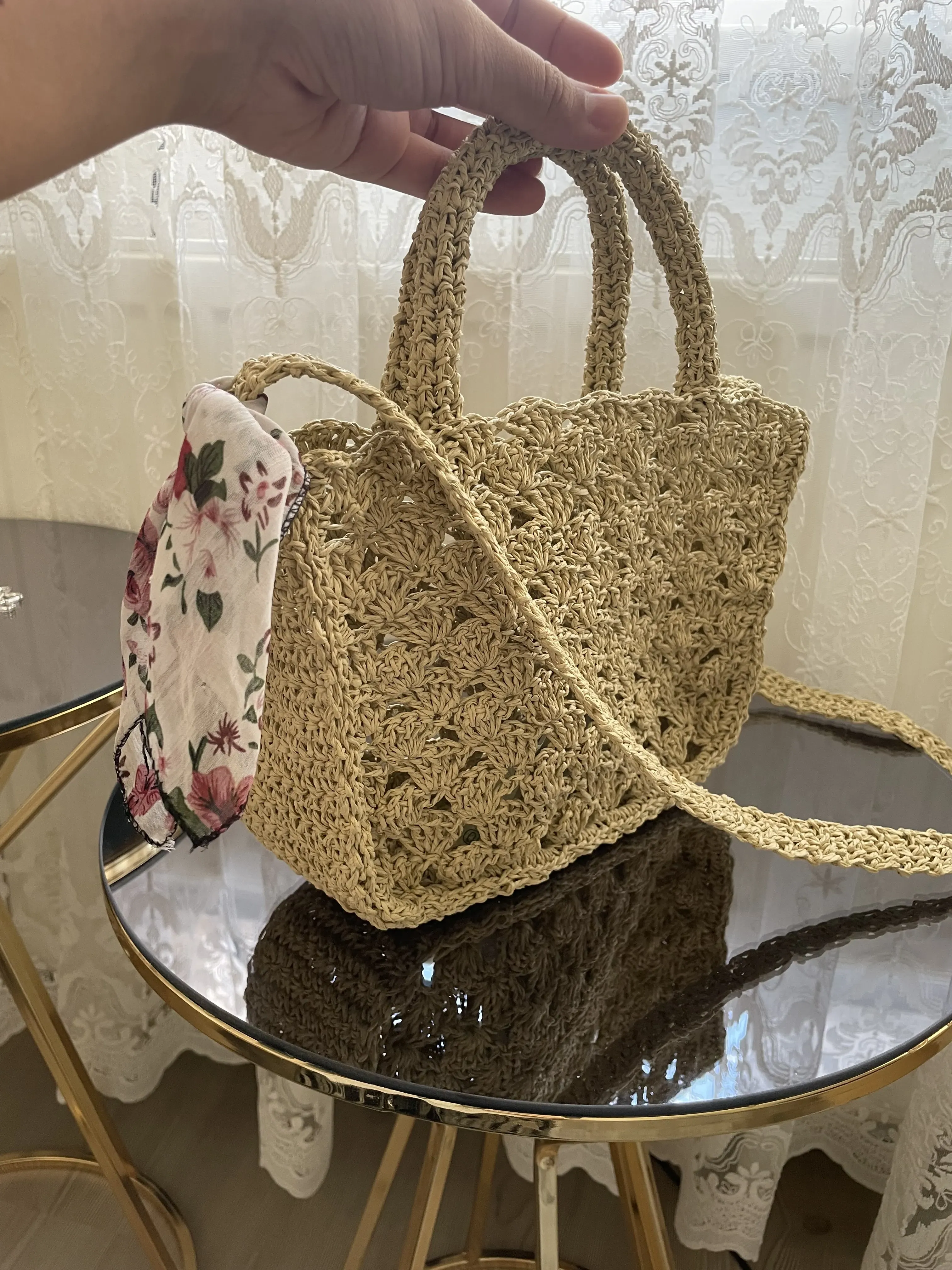 Hand Knitted Women's Shoulder Bag - Beige Color Straw Look Stylish Design