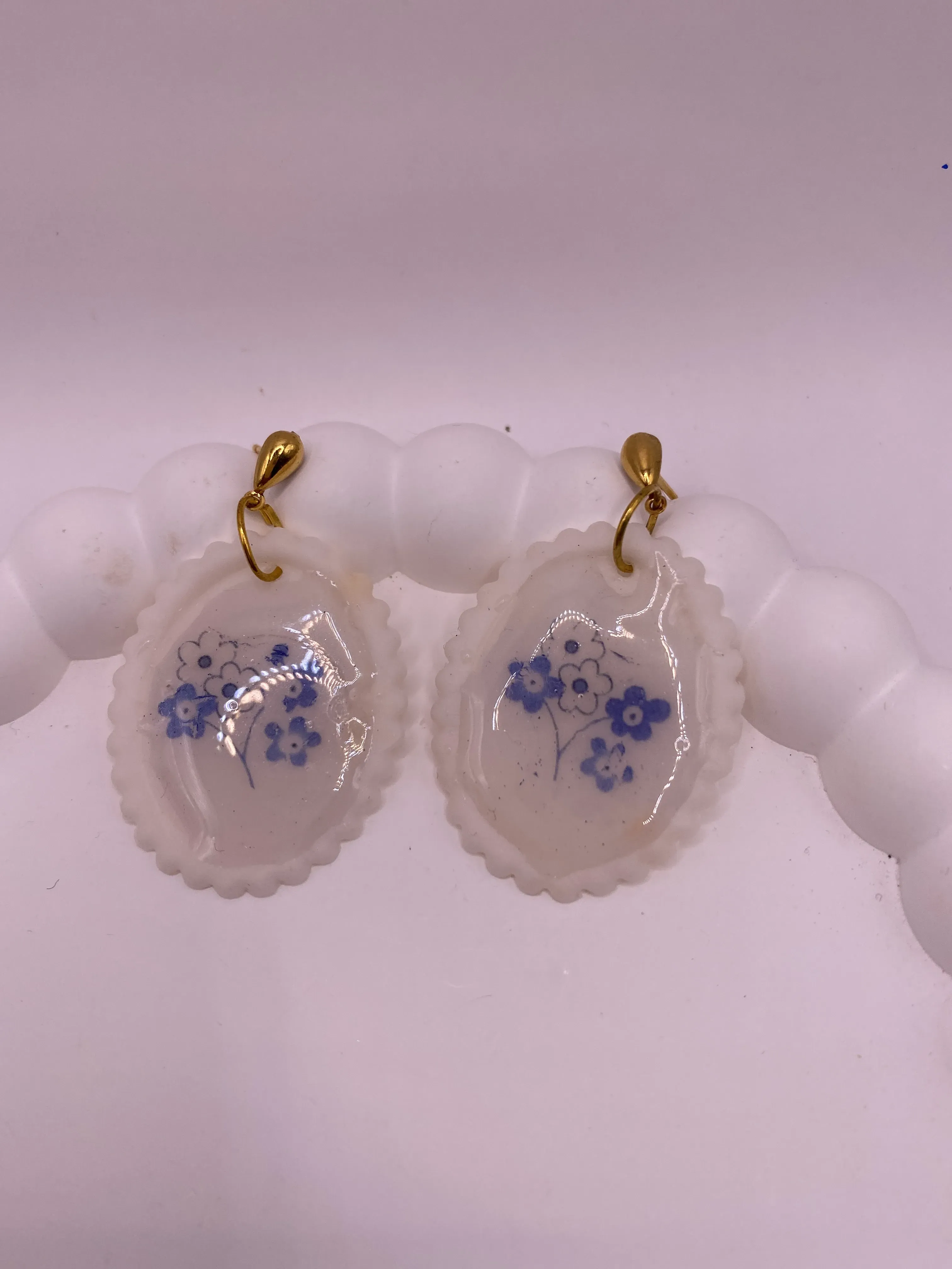 Mineyim Ceramic Earring - Blue Flower Patterned Handmade Transparent Earring