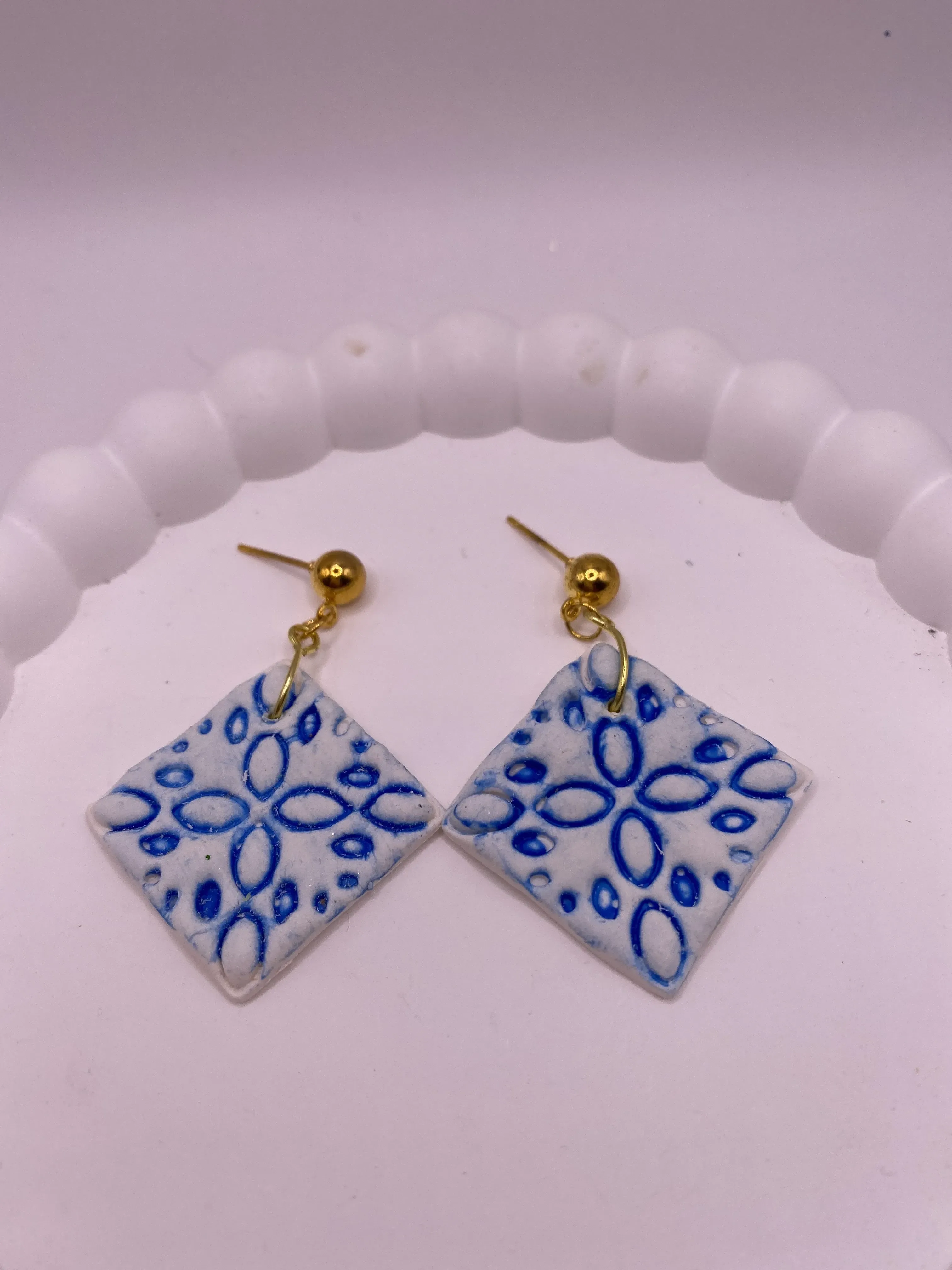 Handmade White and Blue Patterned Polymer Clay Earring with Gold Color Detail