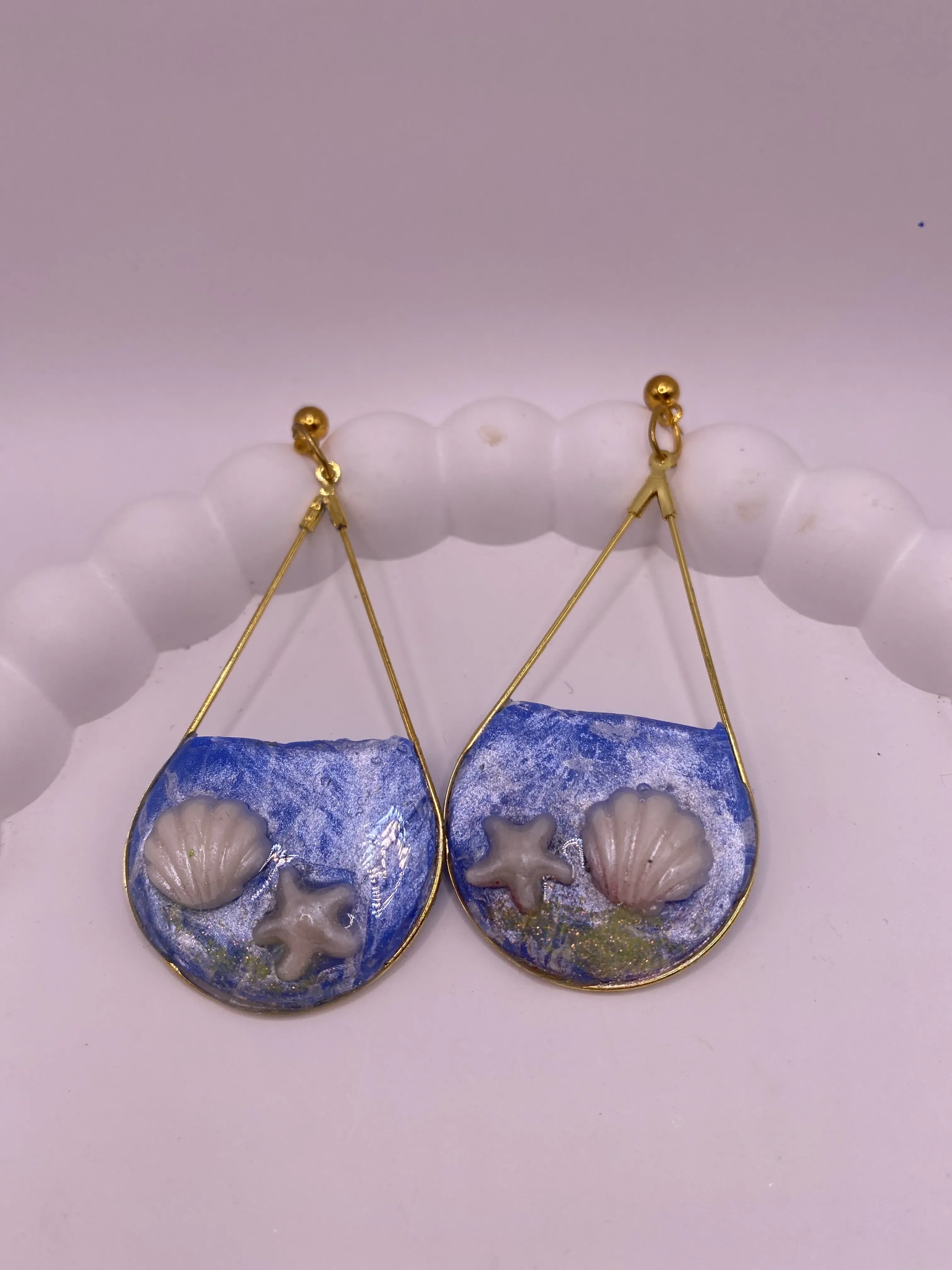 Blue Seashell Handmade Earrings - Bohemian Style Jewelry with Gold Details