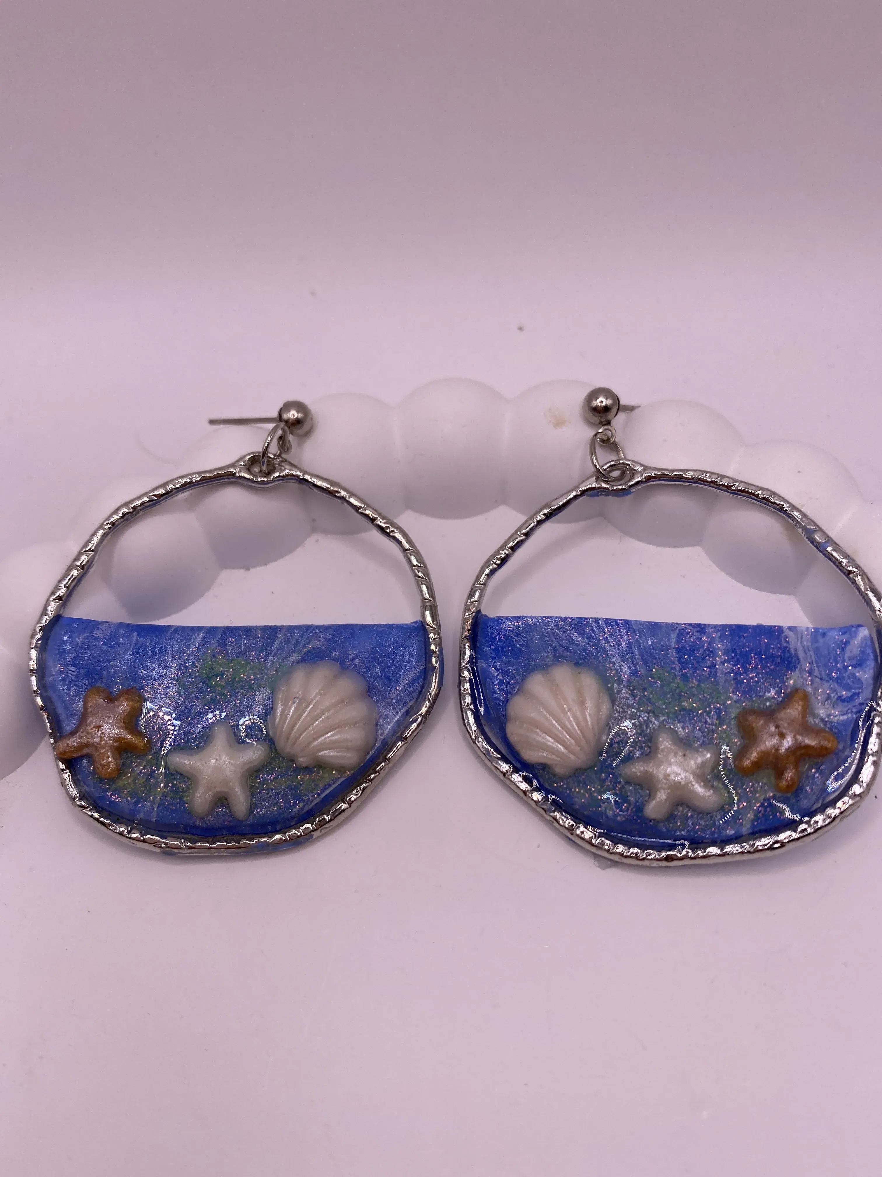 Handmade Seashell and Starfish Blue Resin Earrings - Breezes from the Sea