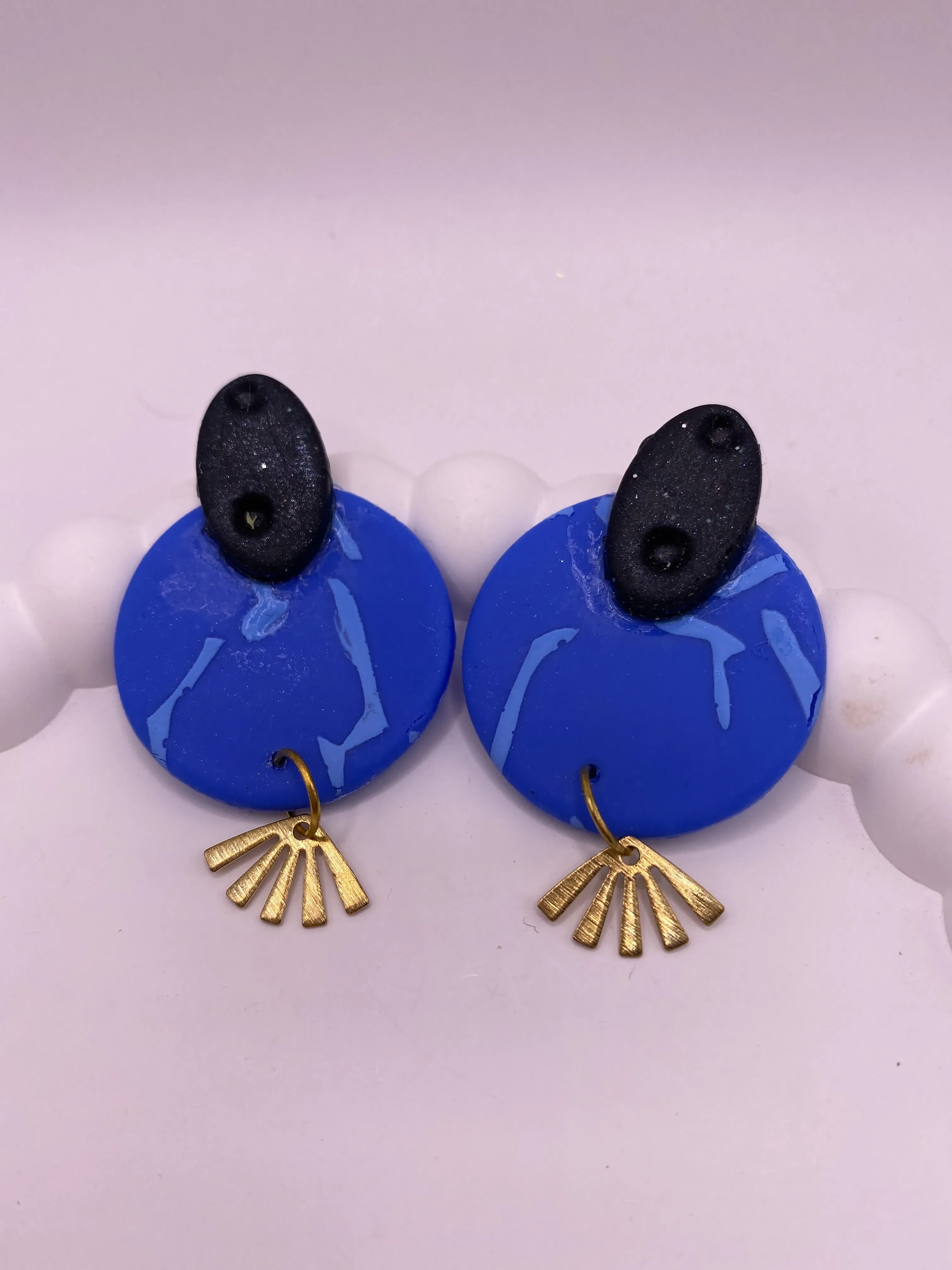 Handmade Blue Polymer Clay Earring Elegant Design with Gold Colored Accessories