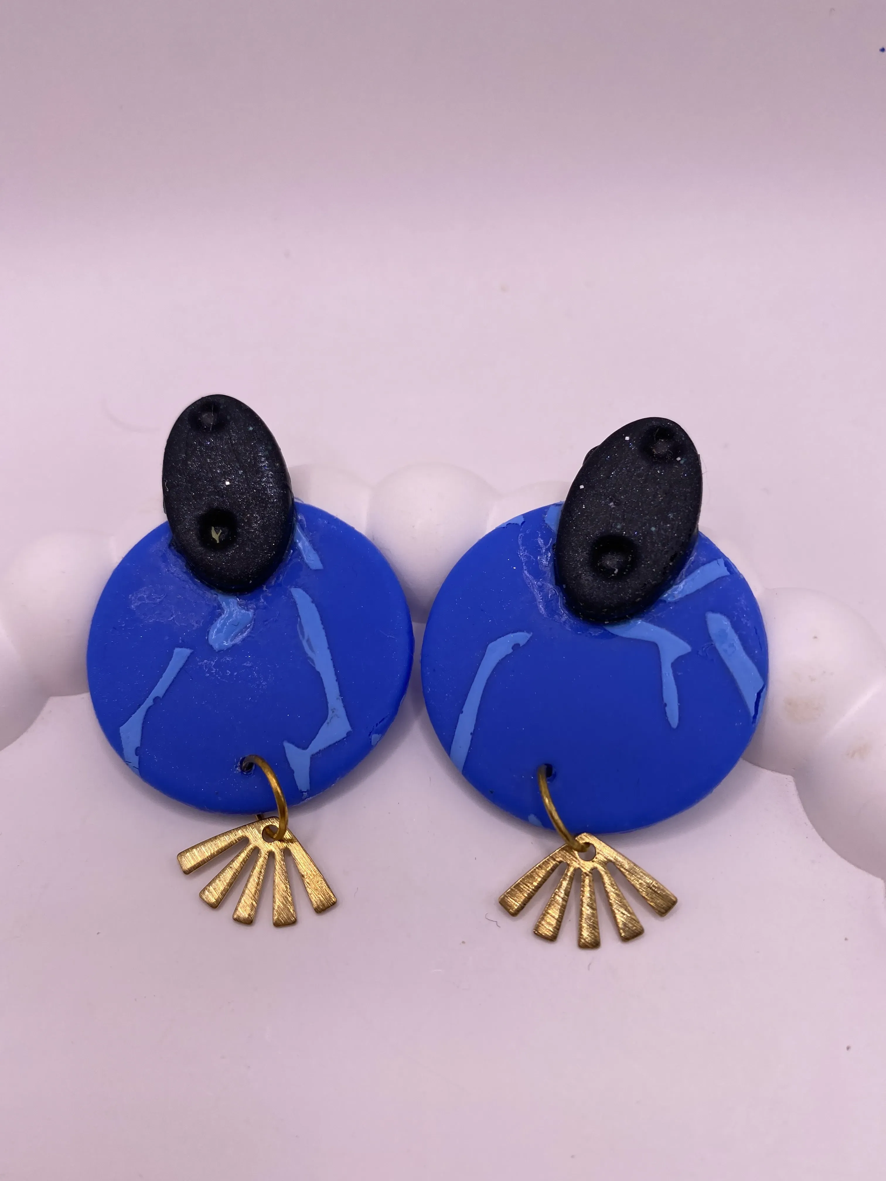 Handmade Blue Polymer Clay Earring Elegant Design with Gold Colored Accessories