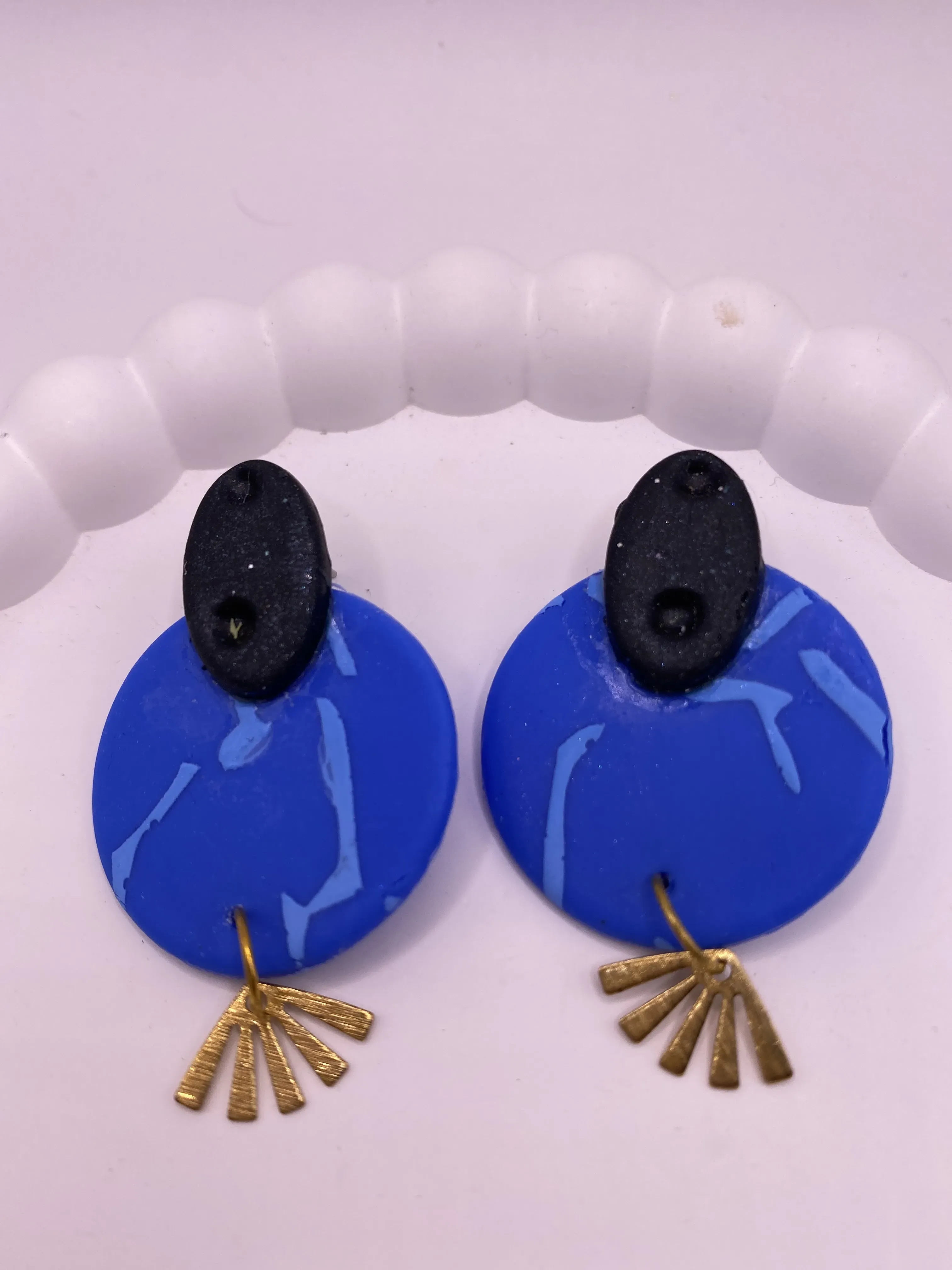 Handmade Blue Polymer Clay Earring Elegant Design with Gold Colored Accessories
