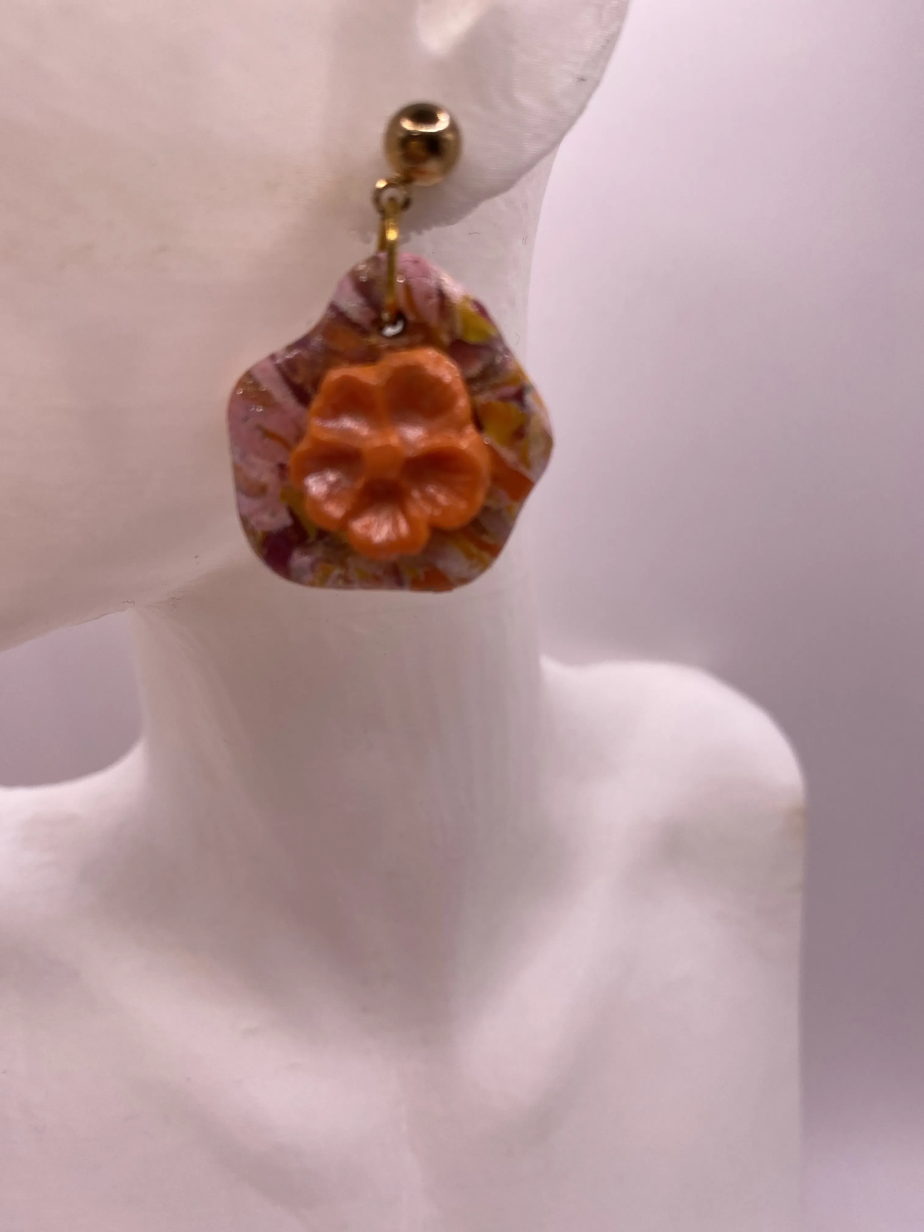 Orange Flower Detailed Handmade Earring - Claykitten Design