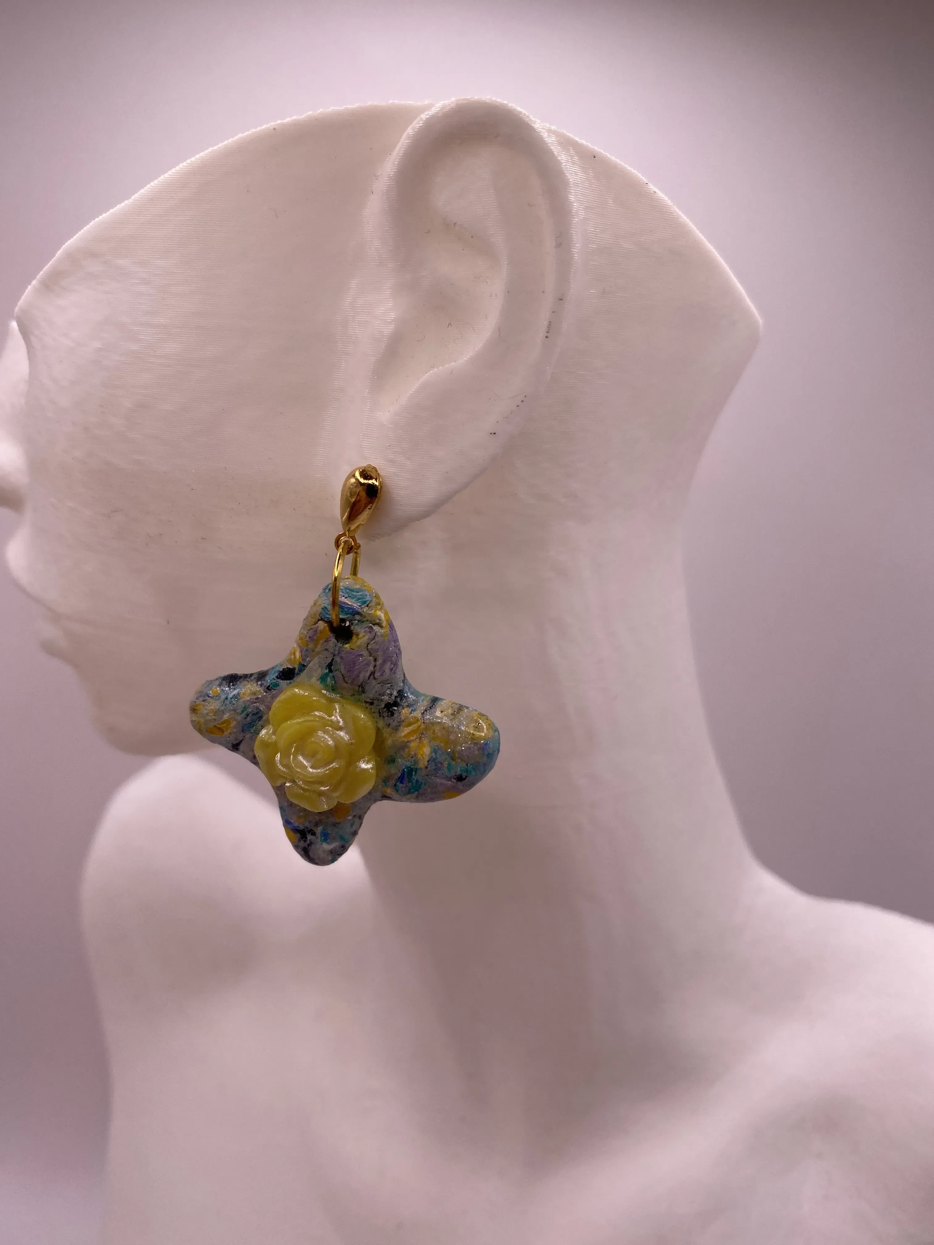 Handmade Star Design Güllüm Earrings - Colorful Polymer Clay and Gold Detailed