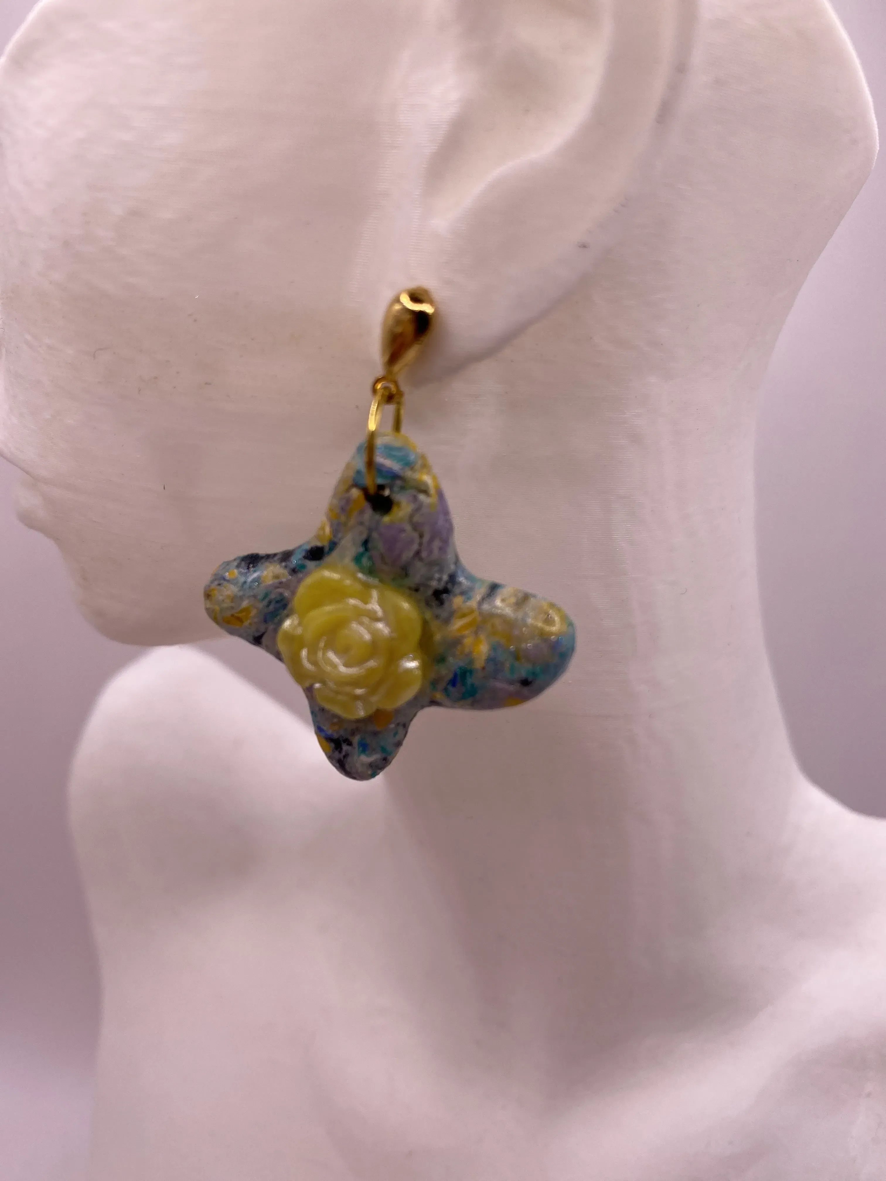 Handmade Star Design Güllüm Earrings - Colorful Polymer Clay and Gold Detailed
