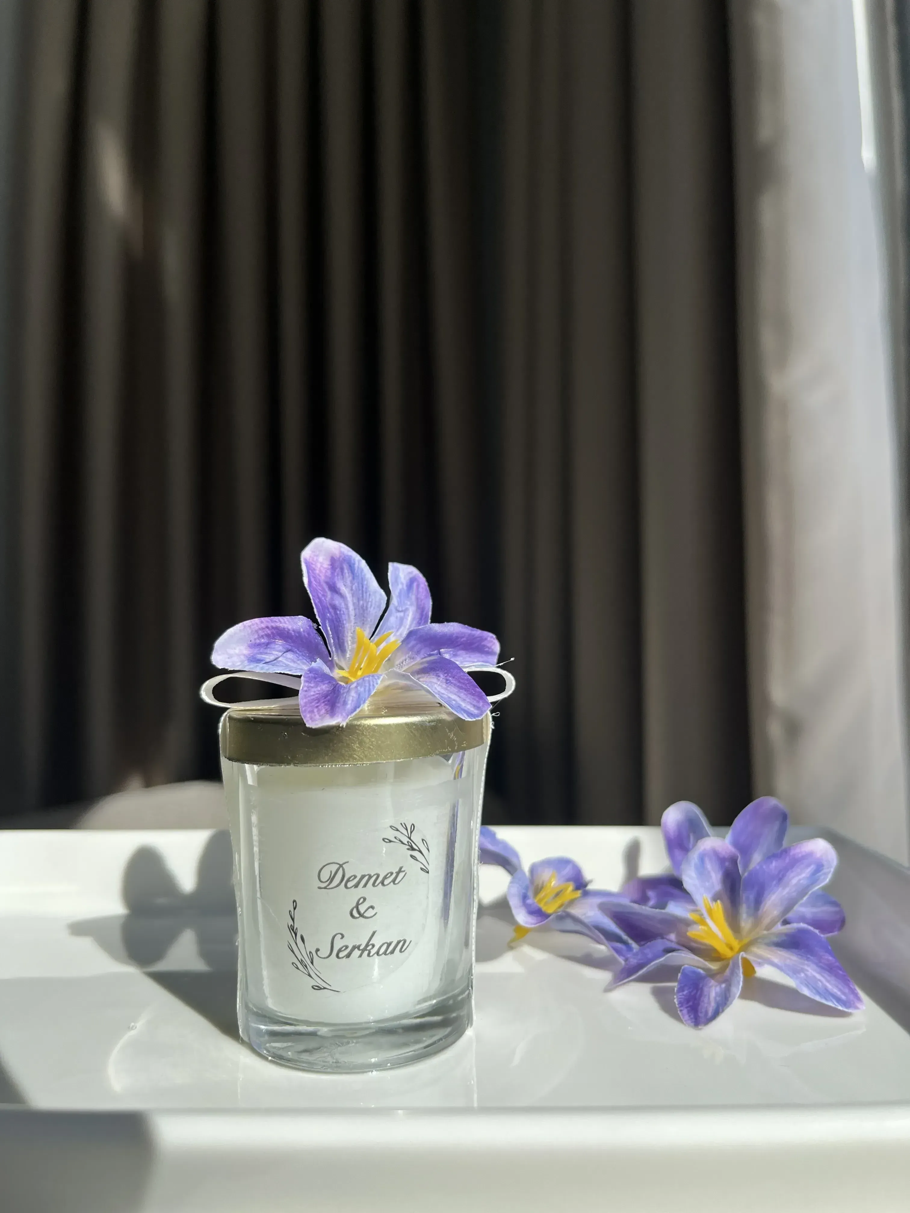 Mor Çiçekli Cam Bardak Mum Nikah Hediyesi (15 Adet)