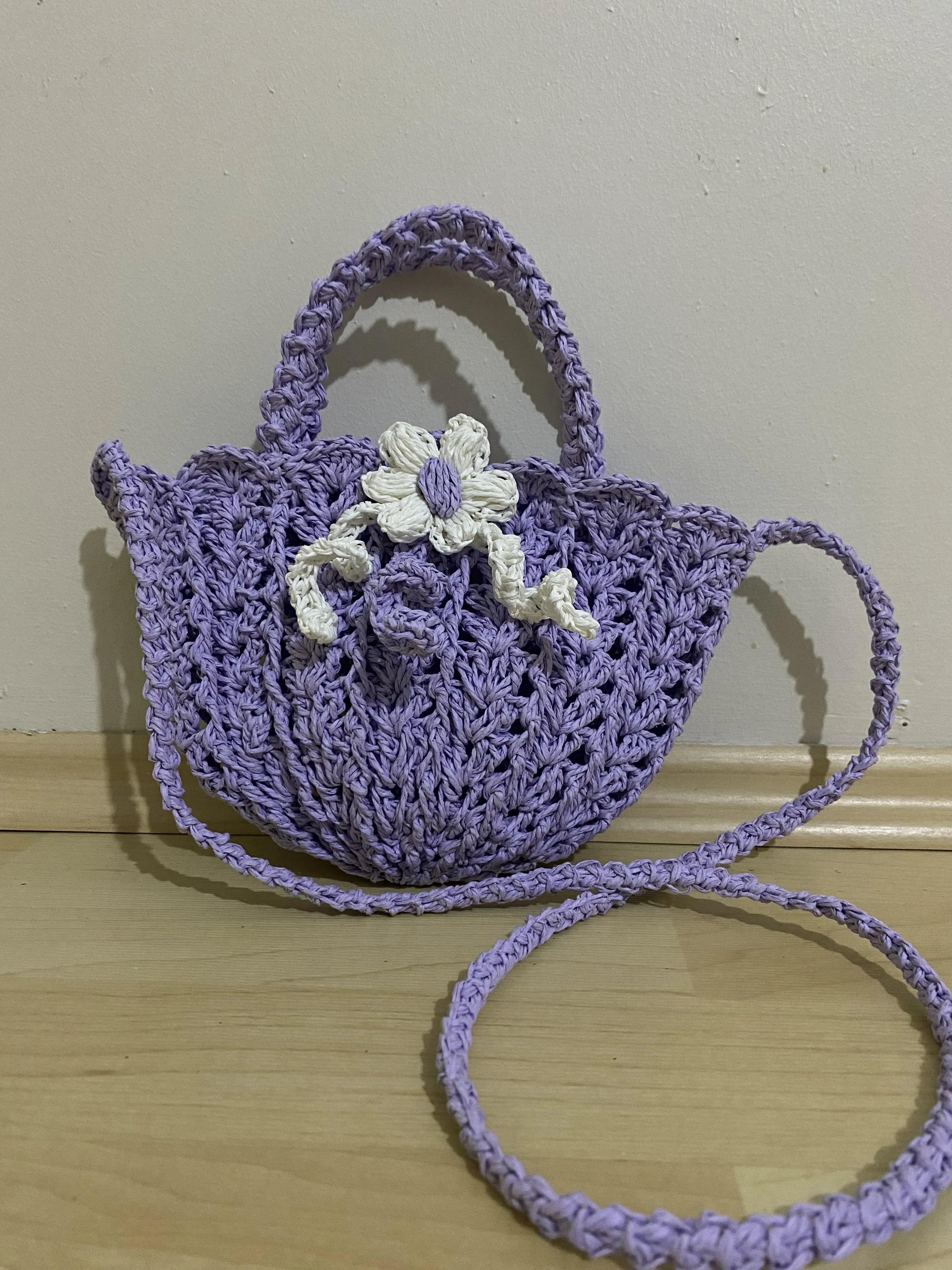 Hand Knitted Lilac Paper Yarn Children's Bag - Flower Detailed Shoulder and Hand Bag