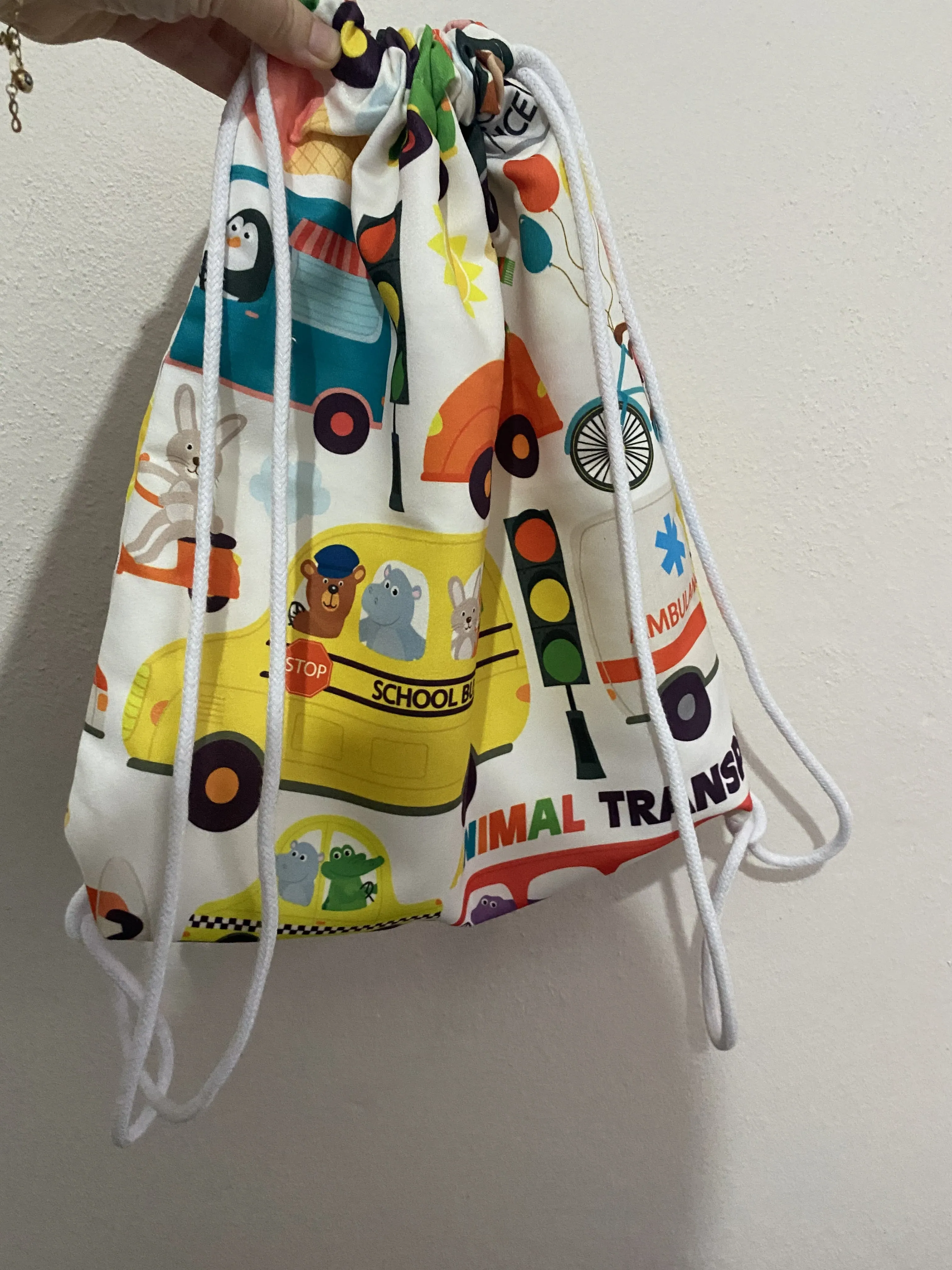 Child Patterned Drawstring Backpack - White Colored, Fun Design