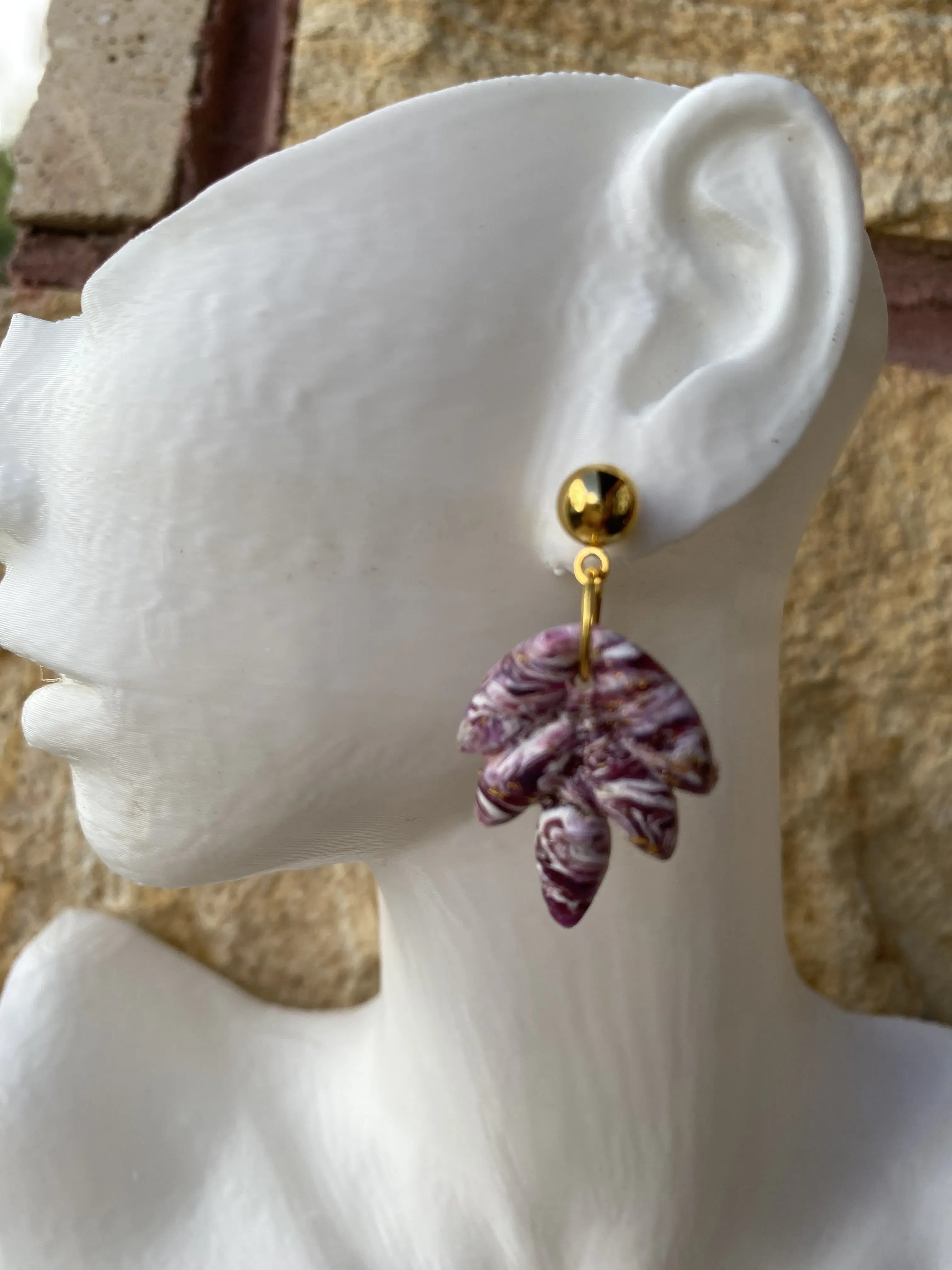 Purple and White Marble Patterned Polymer Clay Leaf Earring