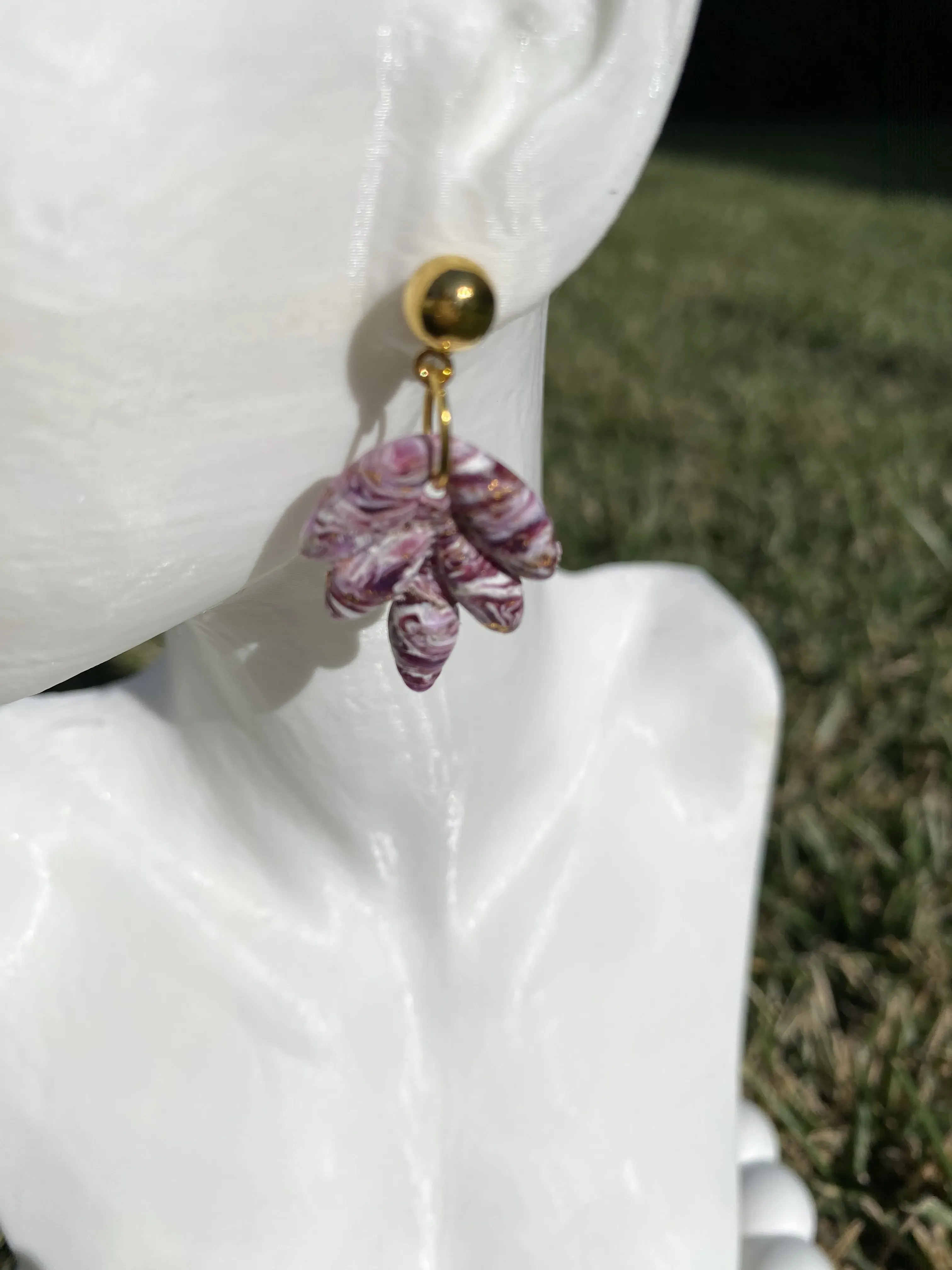 Purple and White Marble Patterned Polymer Clay Leaf Earring