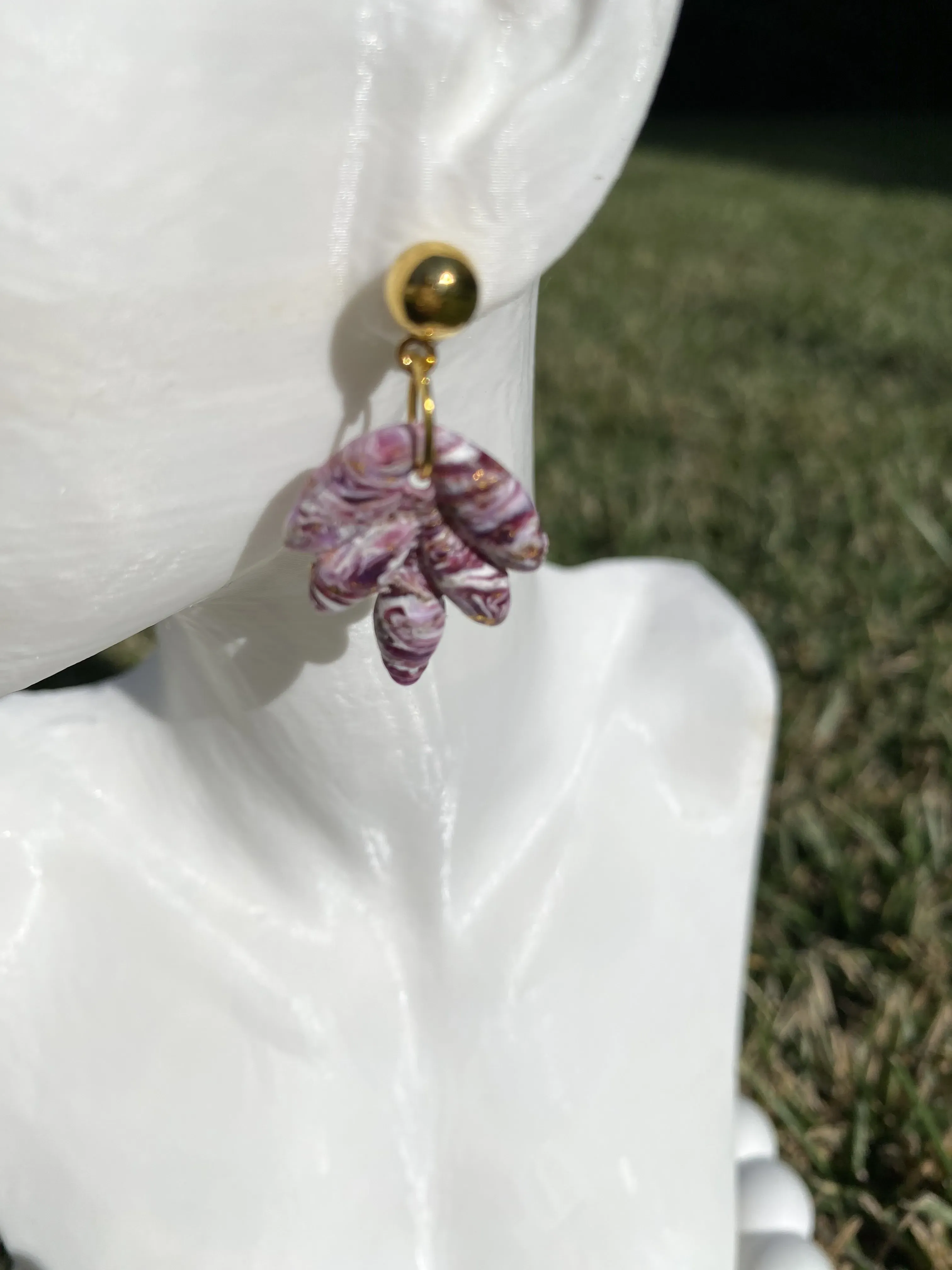 Purple and White Marble Patterned Polymer Clay Leaf Earring