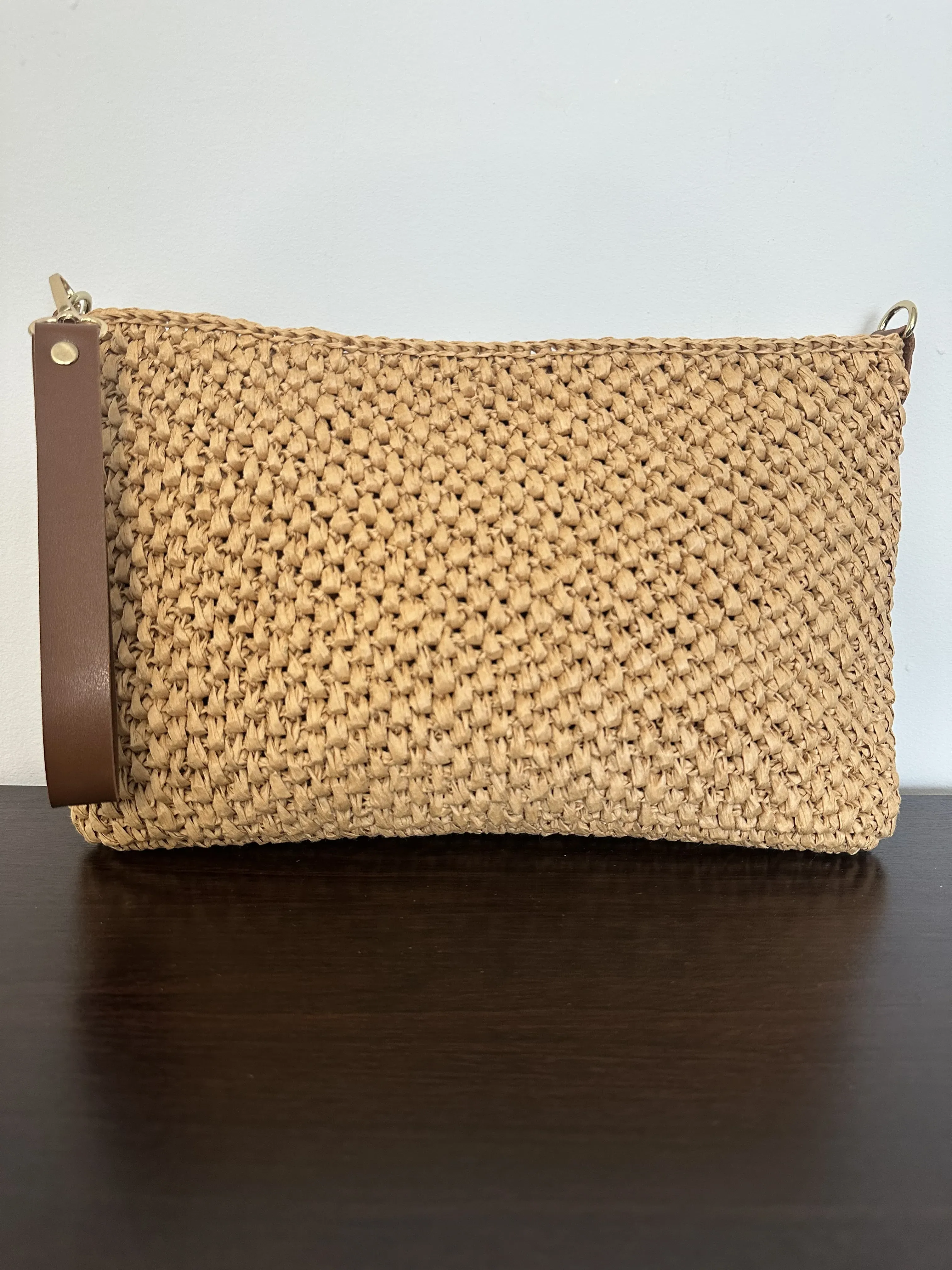 El Örgüsü Rafya İp Clutch Çanta - Fermuarlı, Astarlı ve Elcikli