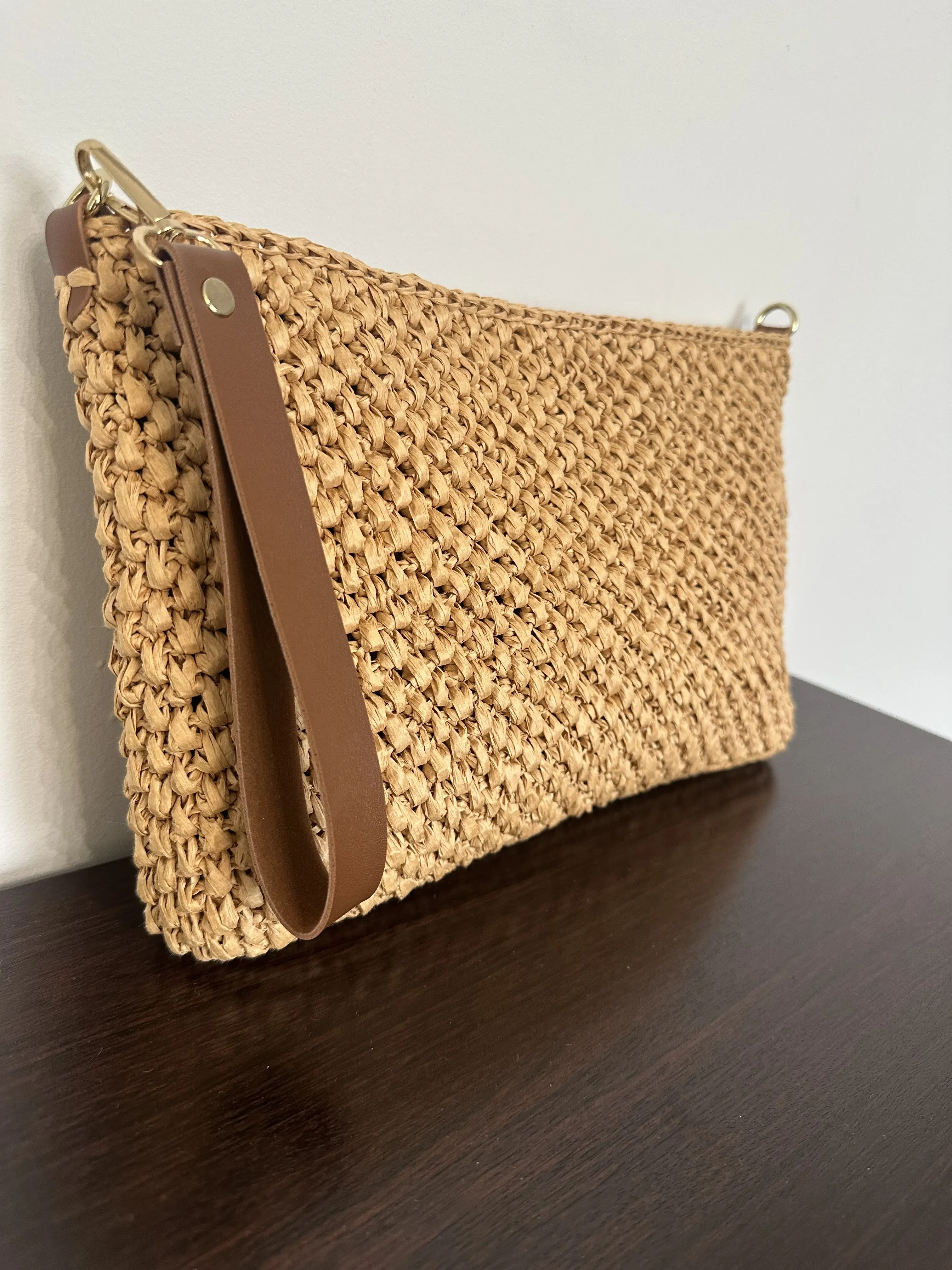 El Örgüsü Rafya İp Clutch Çanta - Fermuarlı, Astarlı ve Elcikli