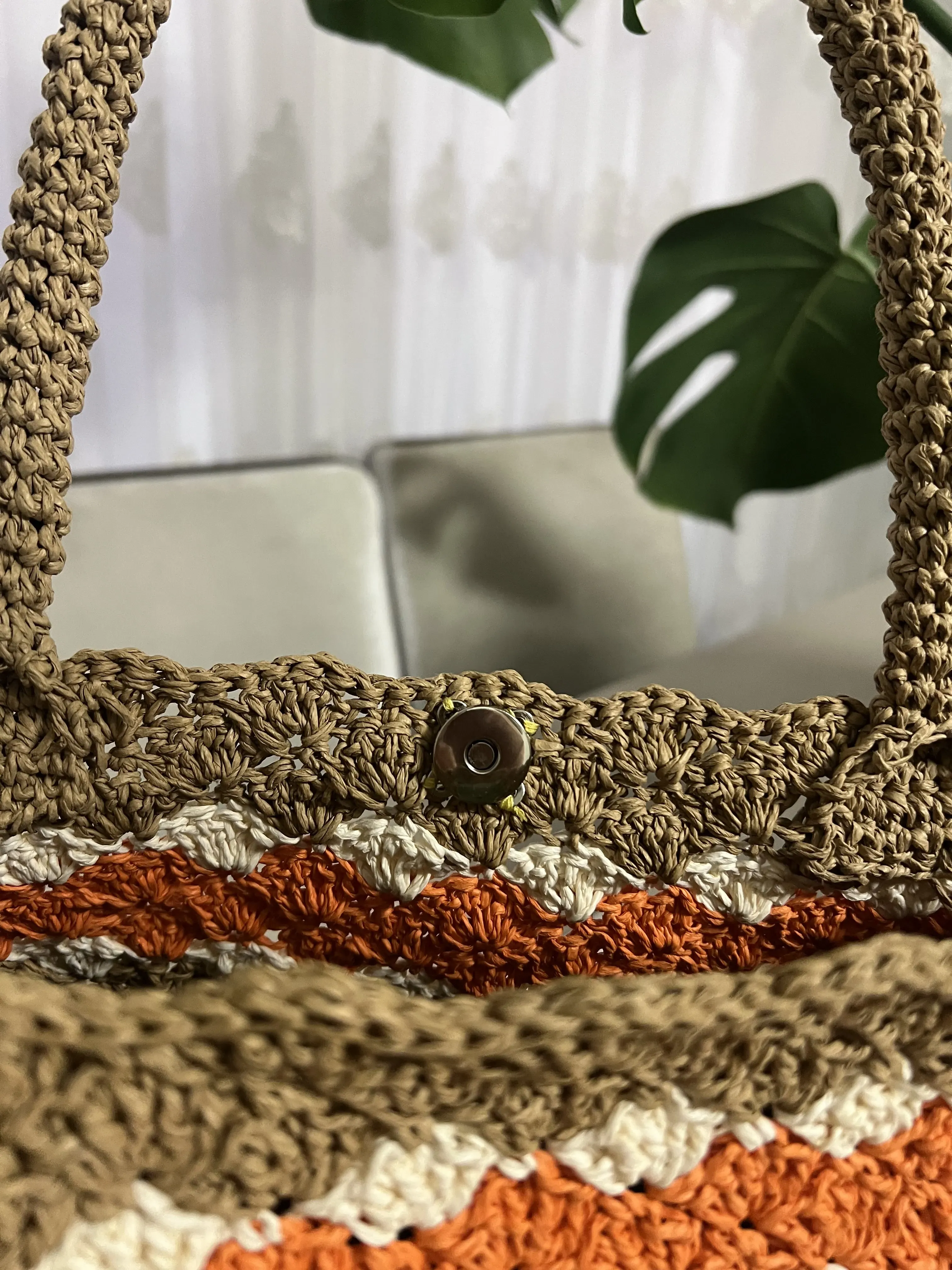 Crochet Knit Shoulder Bag - Brown Orange Patterned