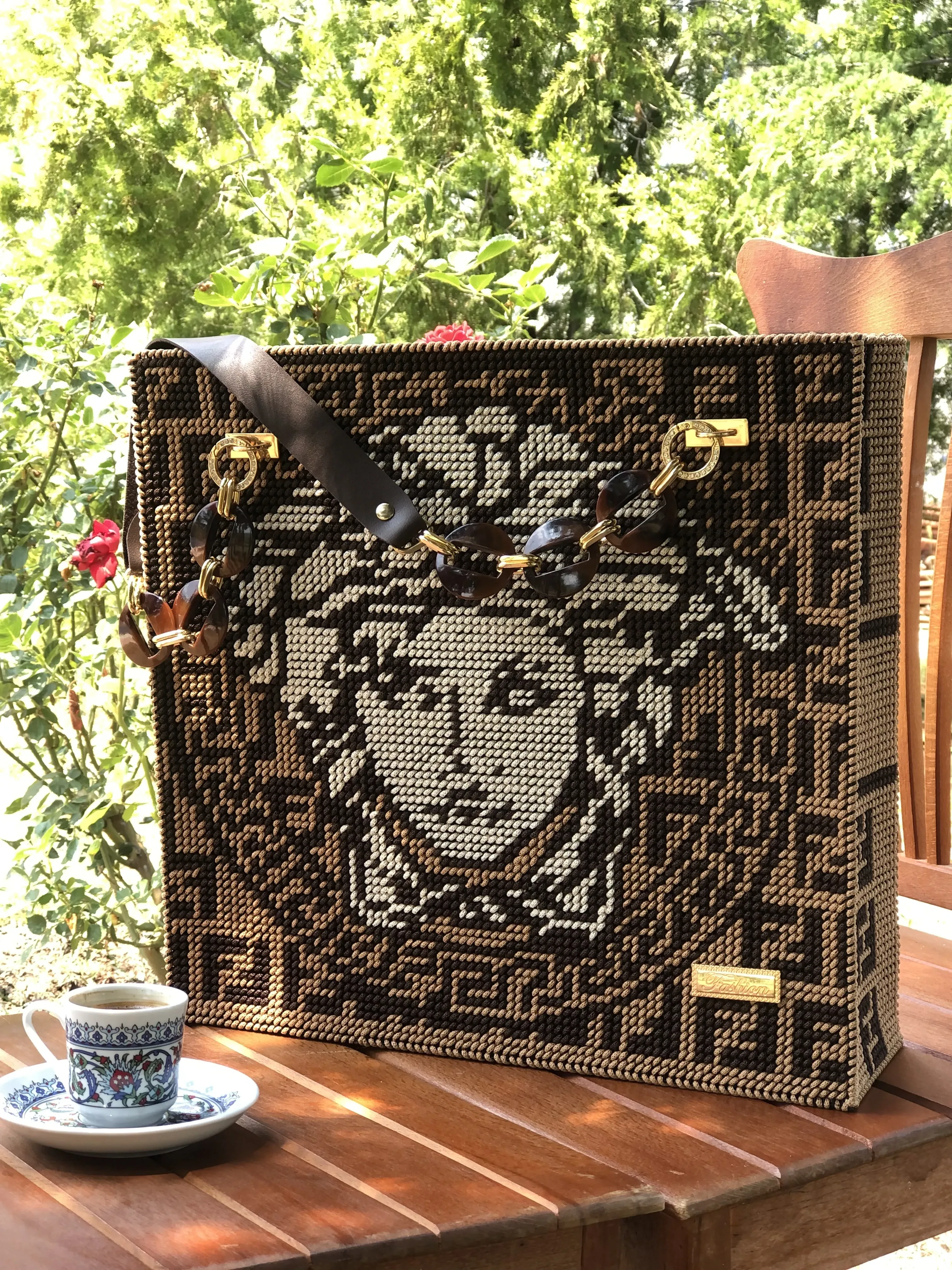 Brown Versace Patterned Macrame Rope Embroidered Canvas Bag (40-50 cm)