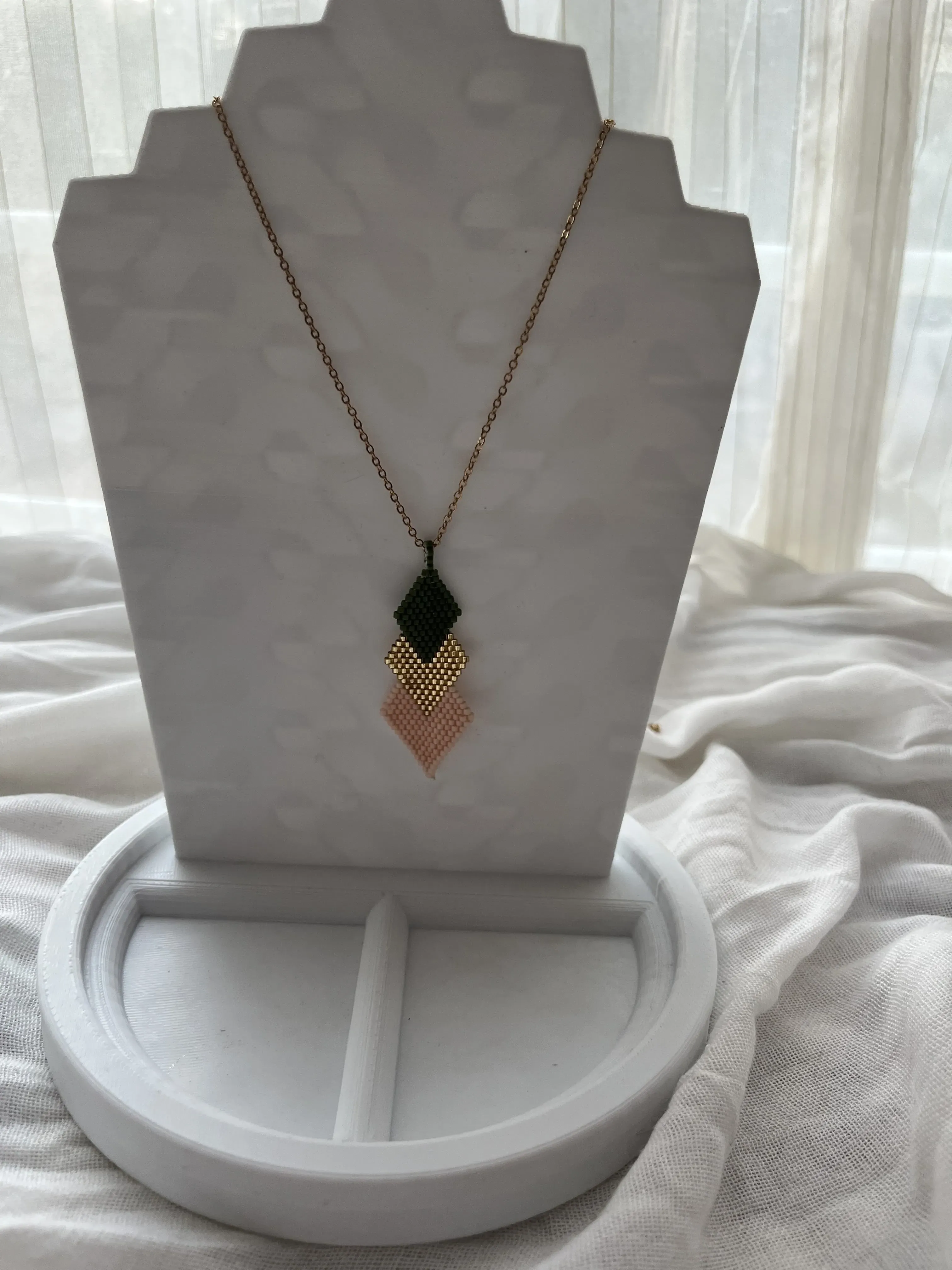 Green, Gold, and Pink Colored Geometric Patterned Miyuki Bead Necklace