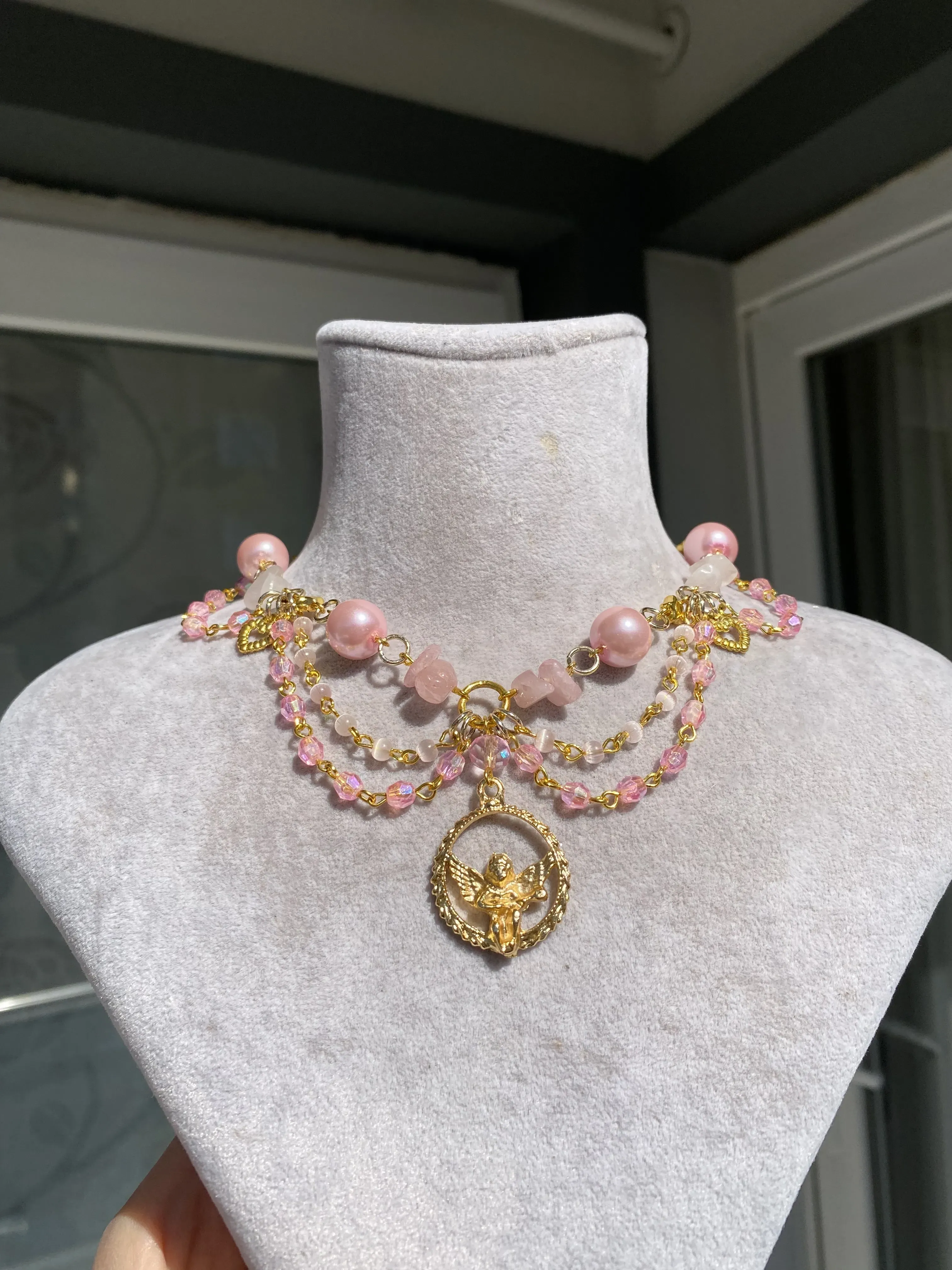 Pink Quartz Stone Gold Angel Figurine Necklace - Handmade Design