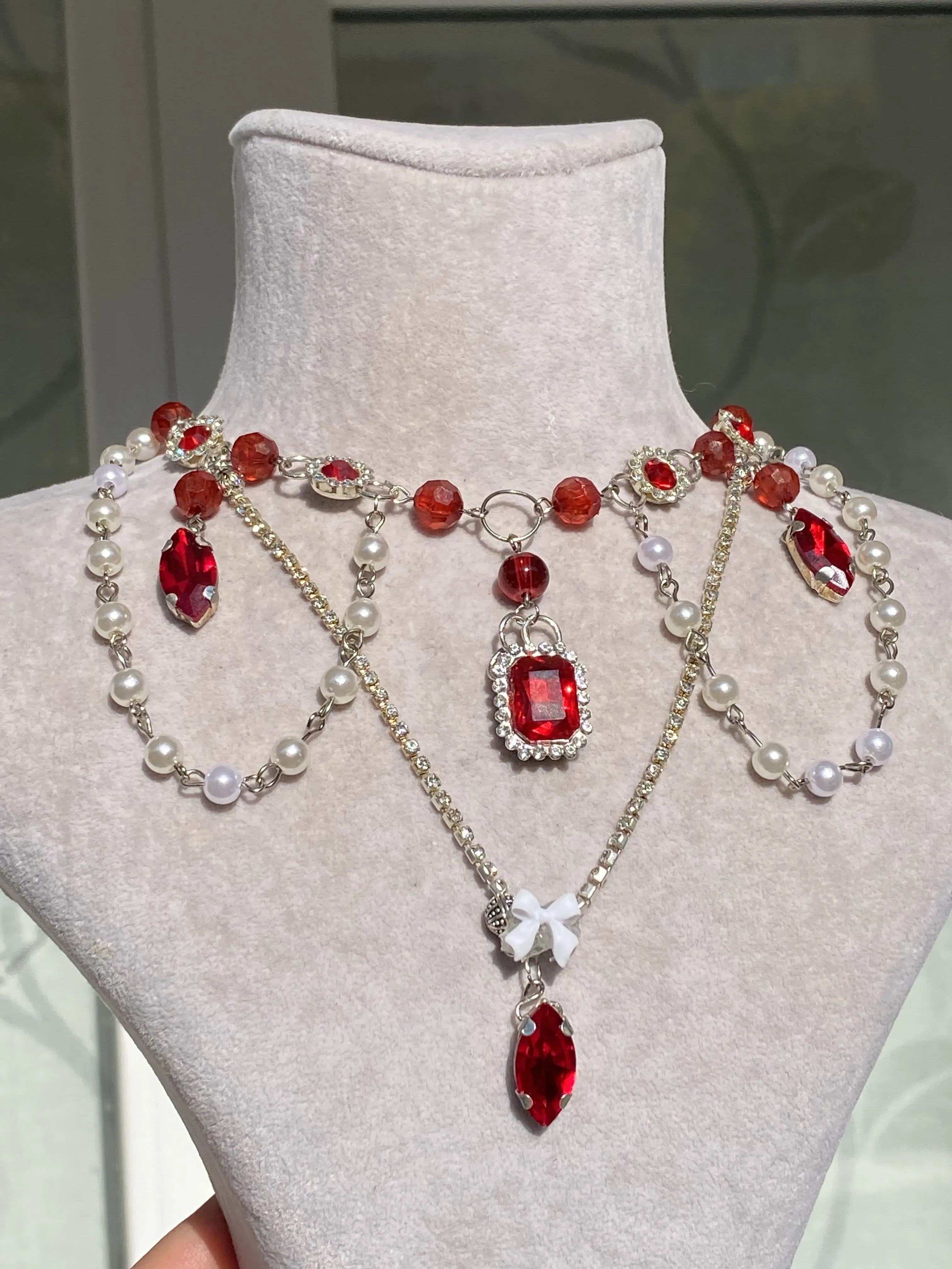 Red Stone and Pearl Detailed Elegant Design Necklace - For Special Occasions