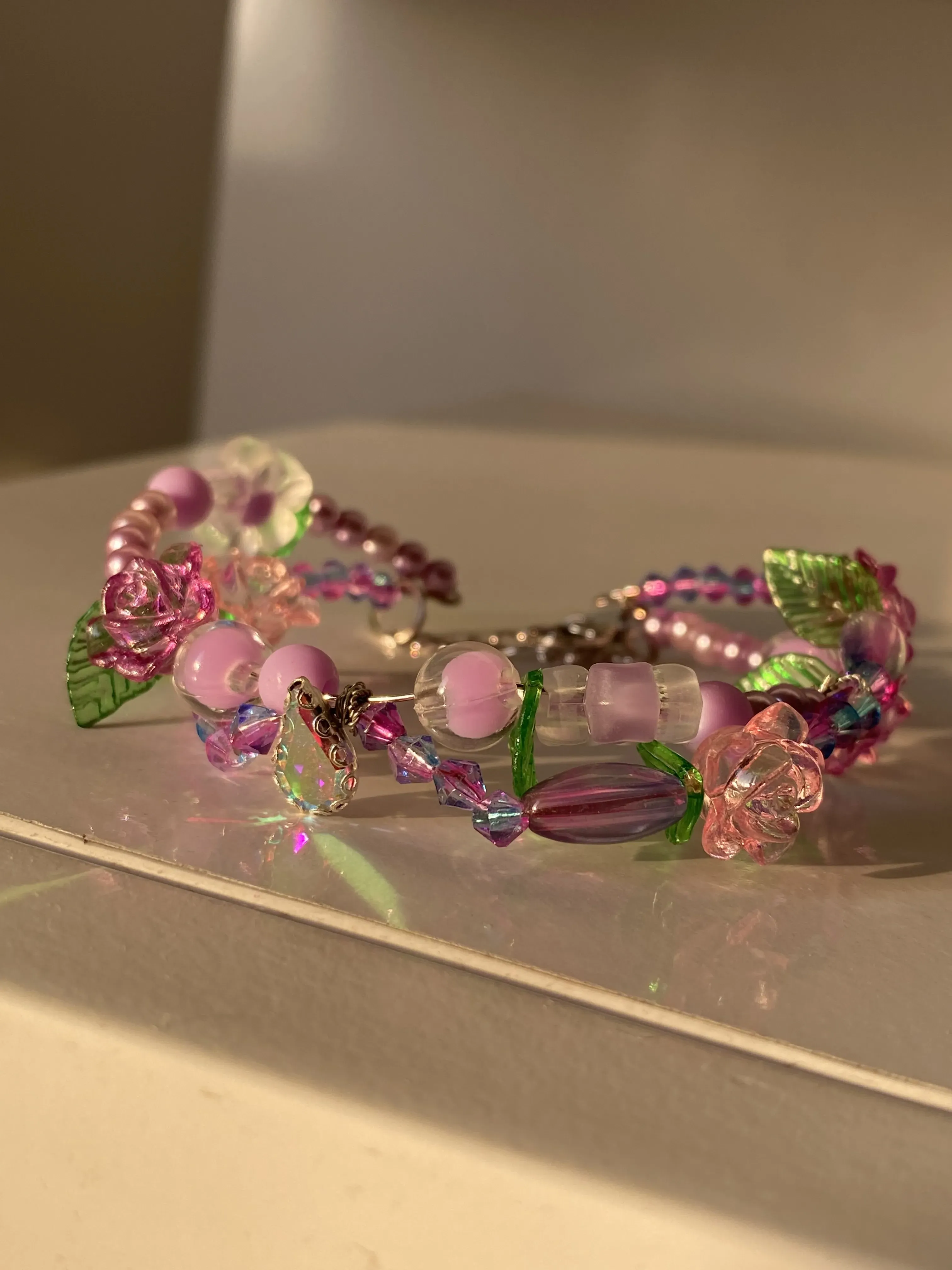 Pink Flower and Leaf Beaded Bracelet - Handmade Design